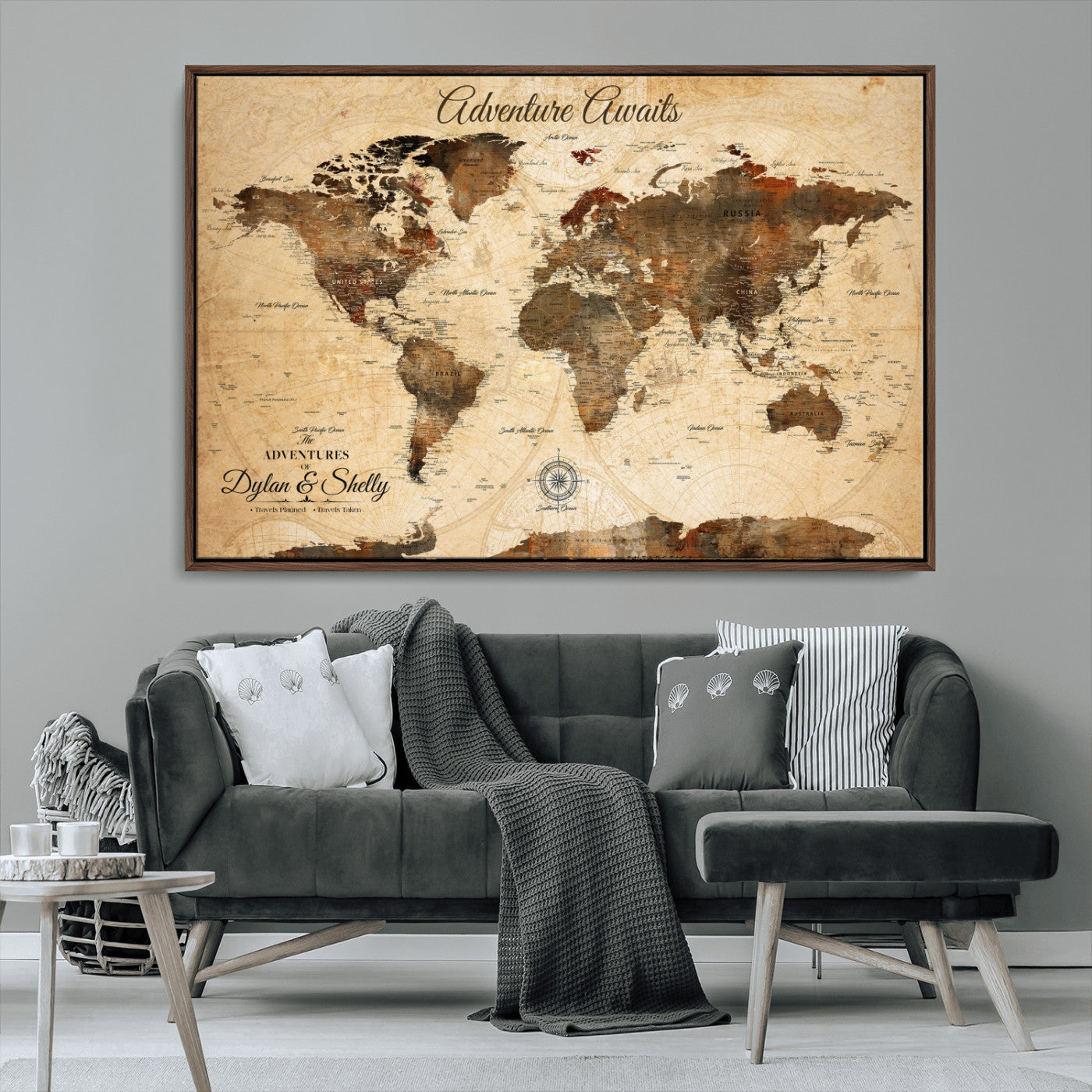 Rehber01-MGV-CV-36X24-Personalized World Map Canvas Wall Art – Custom Framed Push Pin Travel Tracker Print, Unique Gift for Home or Office Decor