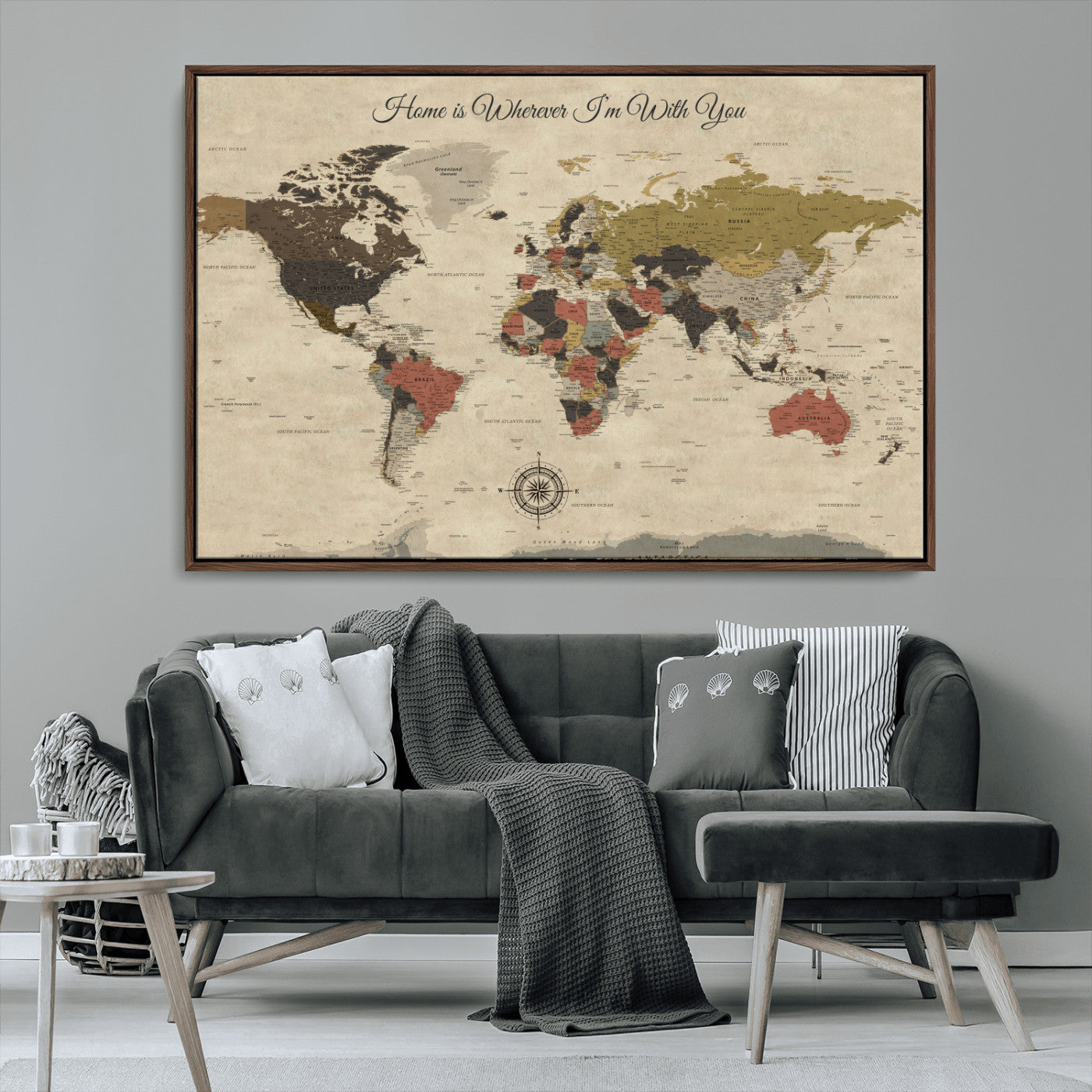 -Personalized World Map Wall Art Canvas Print – Customizable Push Pin Framed Travel Map Artwork for Home Office