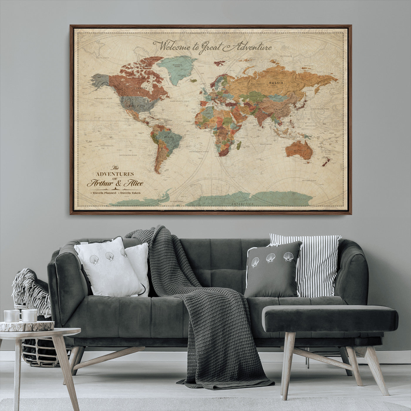 -Personalized World Map Canvas Wall Art – Custom Framed Push Pin Travel Tracker Print, Unique Gift for Home or Office Decor