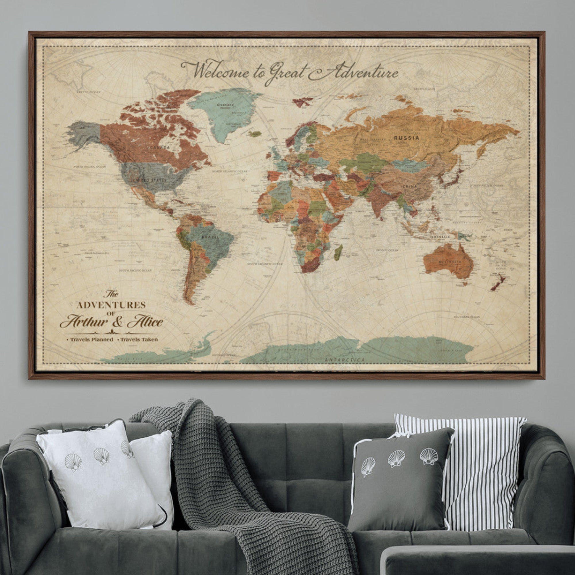 Rehber01-MGV-CV-36X24-Personalized World Map Canvas Wall Art – Custom Framed Push Pin Travel Tracker Print, Unique Gift for Home or Office Decor