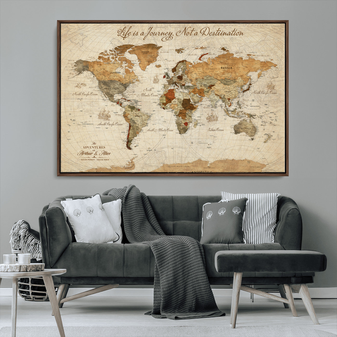 Rehber01-MGV-CV-36X24-Personalized Framed World Map Wall Art Canvas Print – Custom Push Pin Travel Tracker Handcrafted USA for Home Office