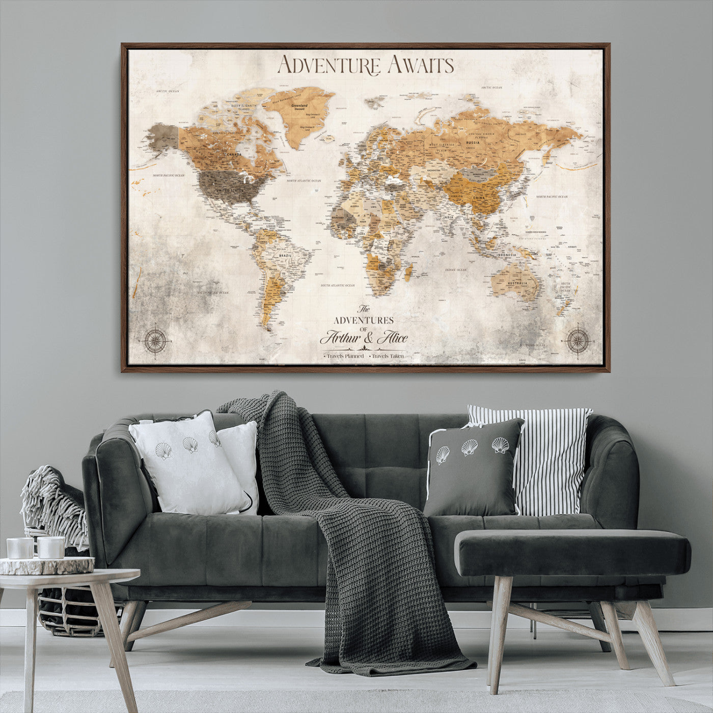 Rehber01-MGV-CV-36X24-Personalized World Map Canvas Print – Custom Push Pin Travel Map Vintage Neutral Style Gift for Couples Travelers for Home Office