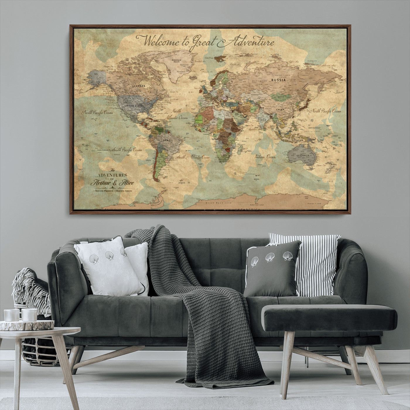 Rehber01-MGV-CV-36X24-Personalized World Map Canvas Wall Art – Custom Framed Push Pin Travel Tracker Print, Unique Gift for Home or Office Decor