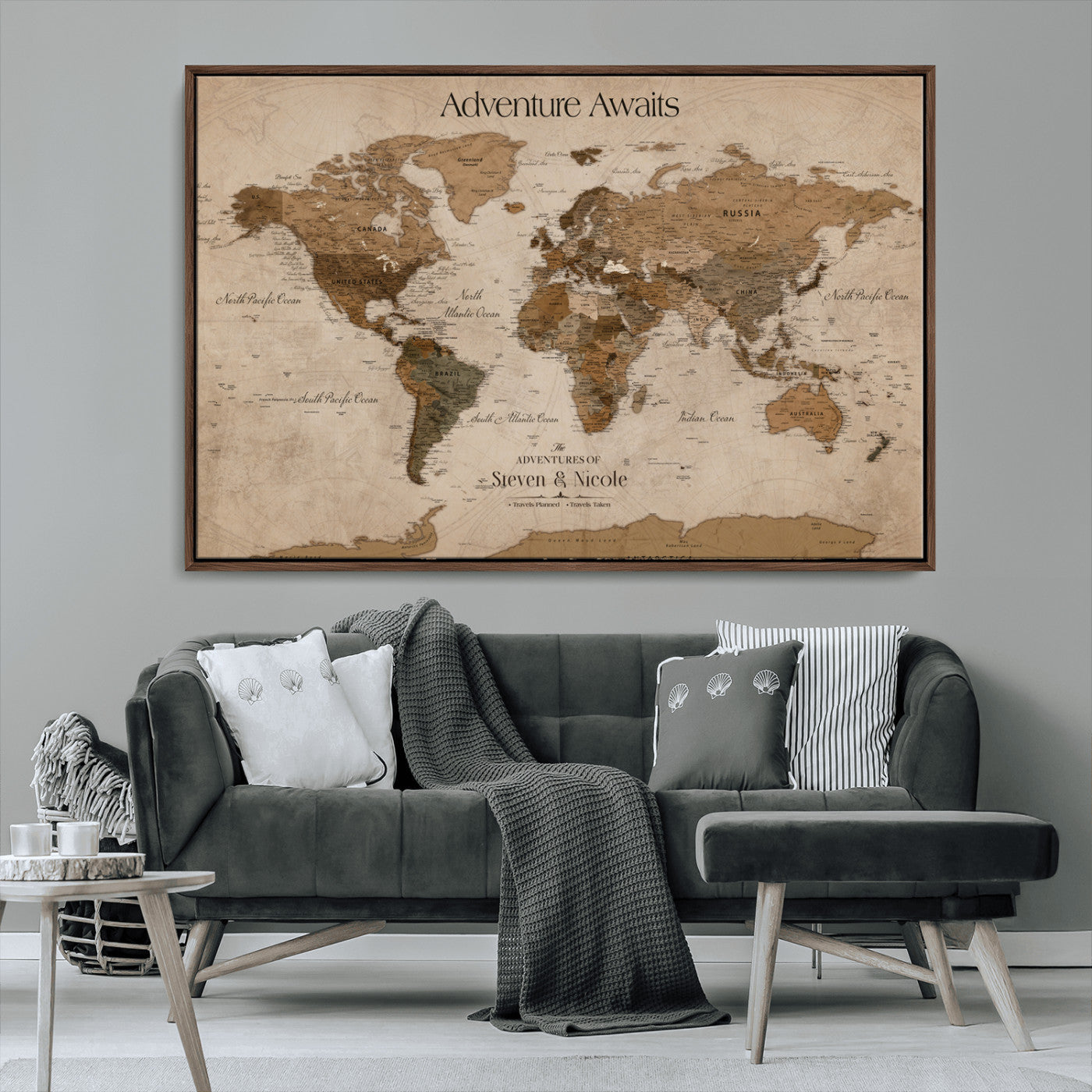 26070282-MGV-FC-36X24_Walnut-Personalized Push Pin World Map Canvas – Custom Framed Travel Tracker Wall Art, Large Adventure Map with Pins for Home, Office