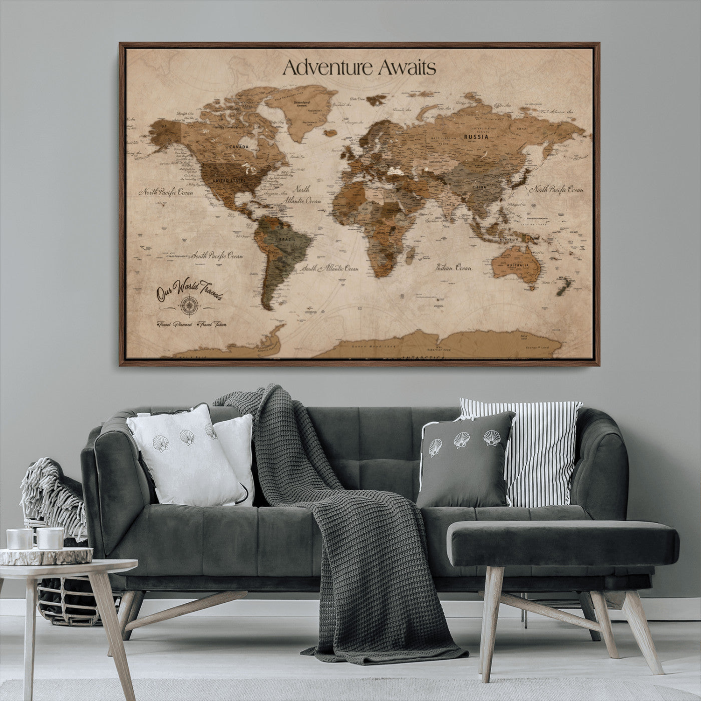 Rehber01-MGV-CV-36X24-Personalized Framed World Map Wall Art Canvas – Custom Push Pin Travel Map with 100 Pins Foam Backing for Home Office