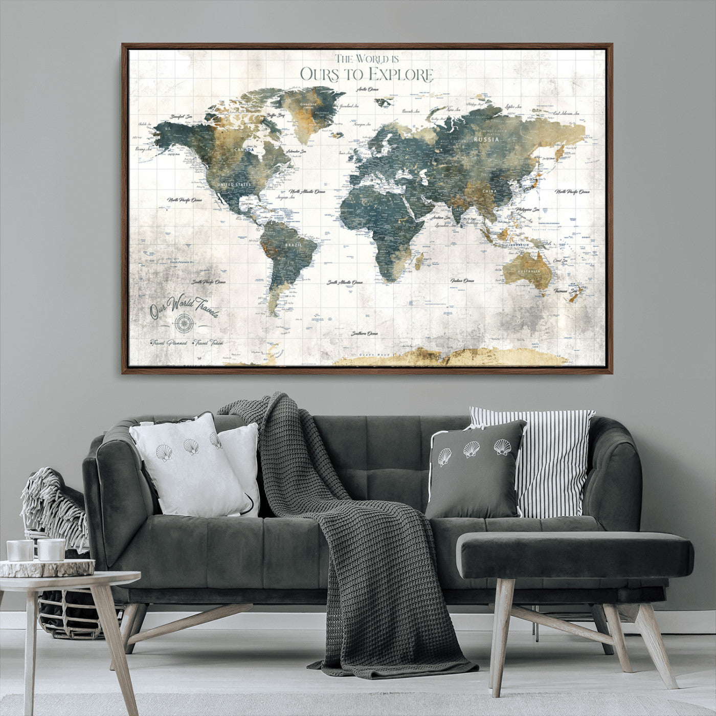 -Custom Push Pin World Map Wall Art Canvas Print – Adventure Travel Tracker Map with Pins Artwork for Home Office