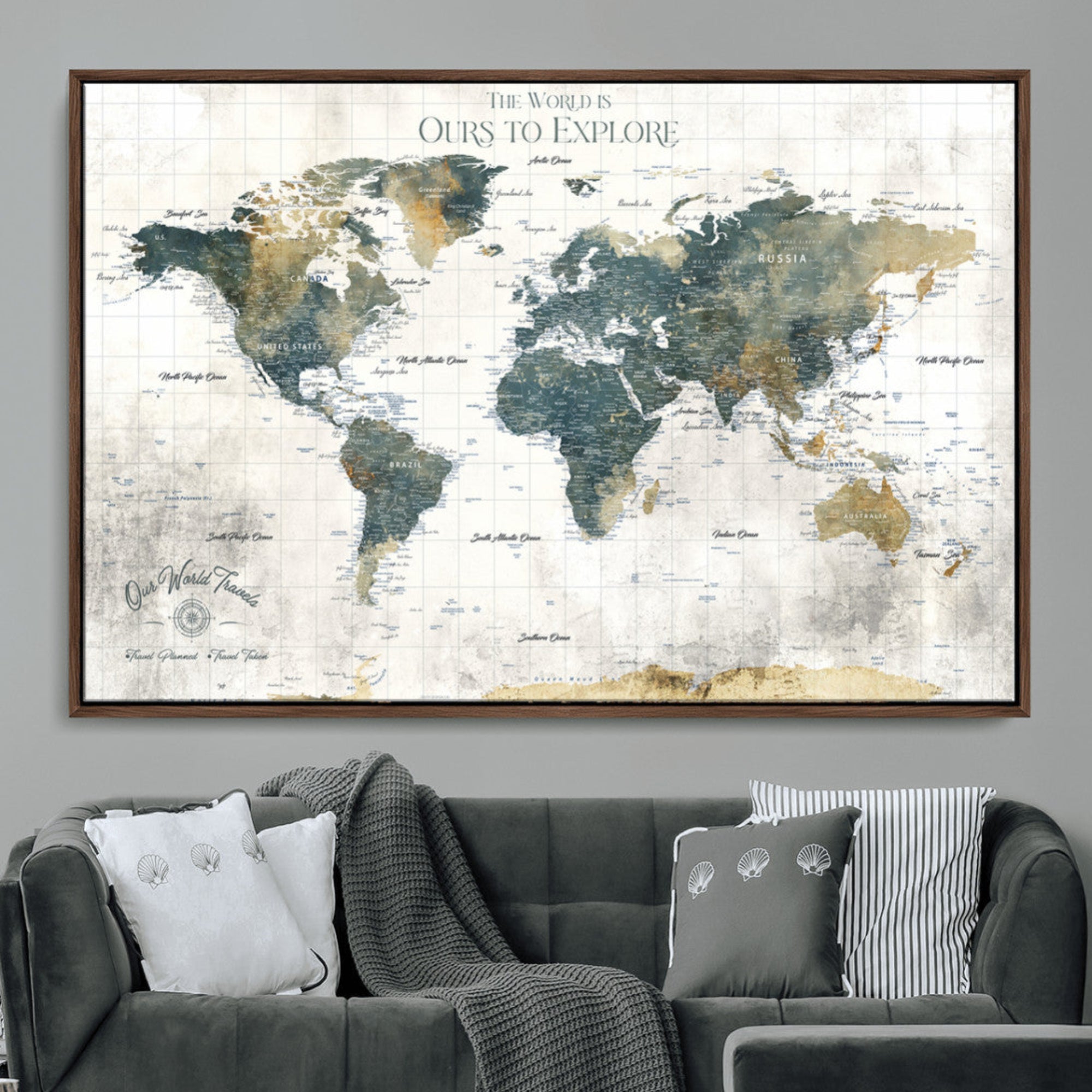 Rehber01-MGV-CV-36X24-Custom Push Pin World Map Wall Art Canvas Print – Adventure Travel Tracker Map with Pins Artwork for Home Office