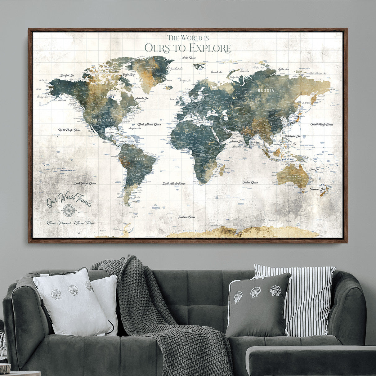 14988581-MGV-FC-36X24 - Custom Push Pin World Map Wall Canvas Print – Personalized Travel Tracker with Pins – Framed Custom Quotie Canvas for Home Office Decor