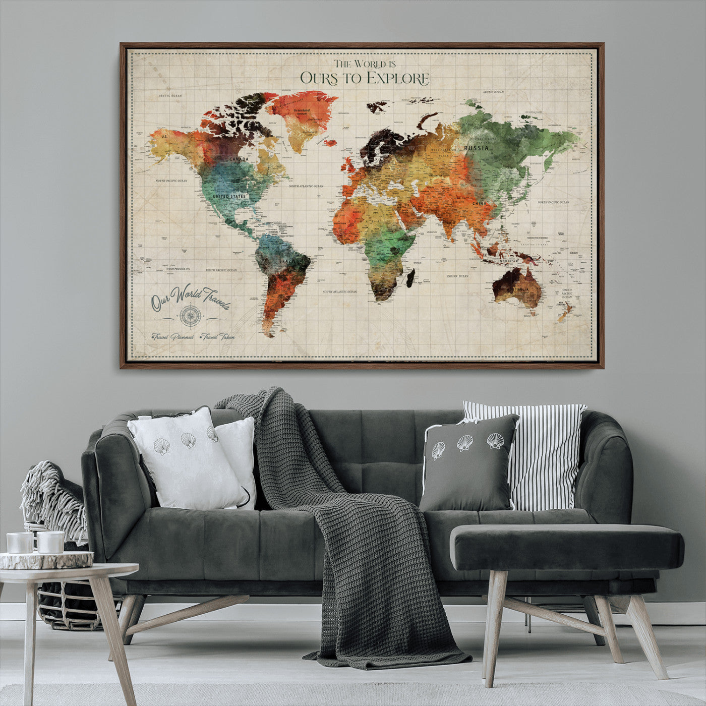 Rehber01-MGV-CV-36X24-Custom Push Pin World Map Wall Art Canvas Print – Personalized Travel Tracker Map Framed Artwork for Home Office