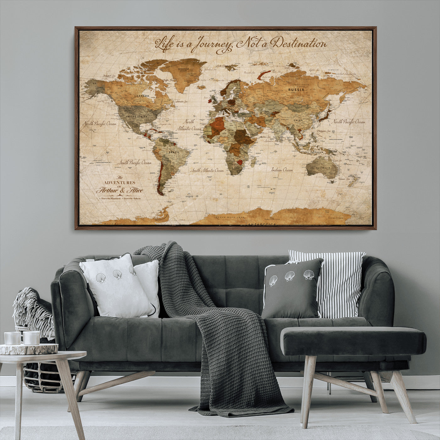 79036691-MGV-FC-36X24_Walnut-Personalized World Map Canvas Wall Art – Custom Framed Push Pin Travel Tracker Print, Unique Gift for Home or Office Decor