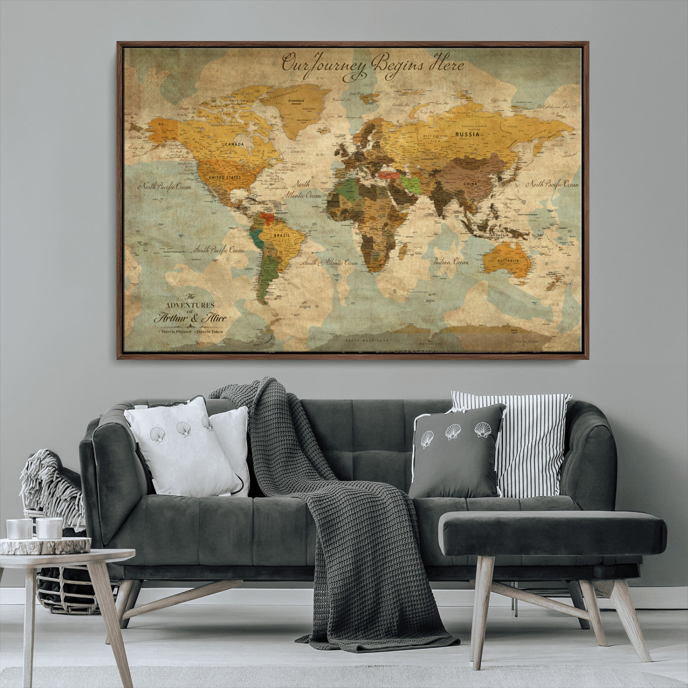 40572820-MGV-CV-36X24-Personalized World Map Canvas – Custom Framed Push Pin Travel Map Wall Art, Vintage Style Gift for Couples