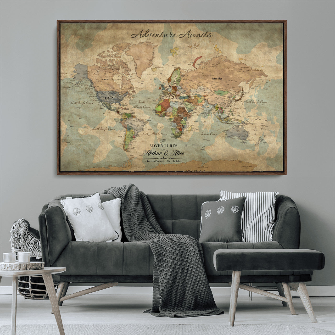 Rehber01-MGV-CV-36X24-Personalized Vintage World Map Canvas Print – Custom Push Pin Travel Map Antique Style Gift for Couples Travelers for Home Office