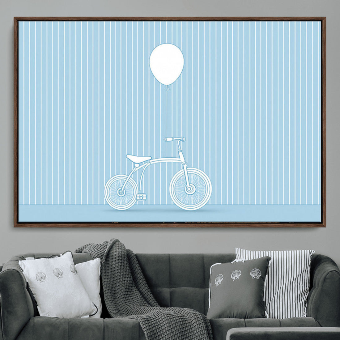 Minimalist Bicycle Balloon Canvas Wall Art, Playful Blue Modern Line Art Print