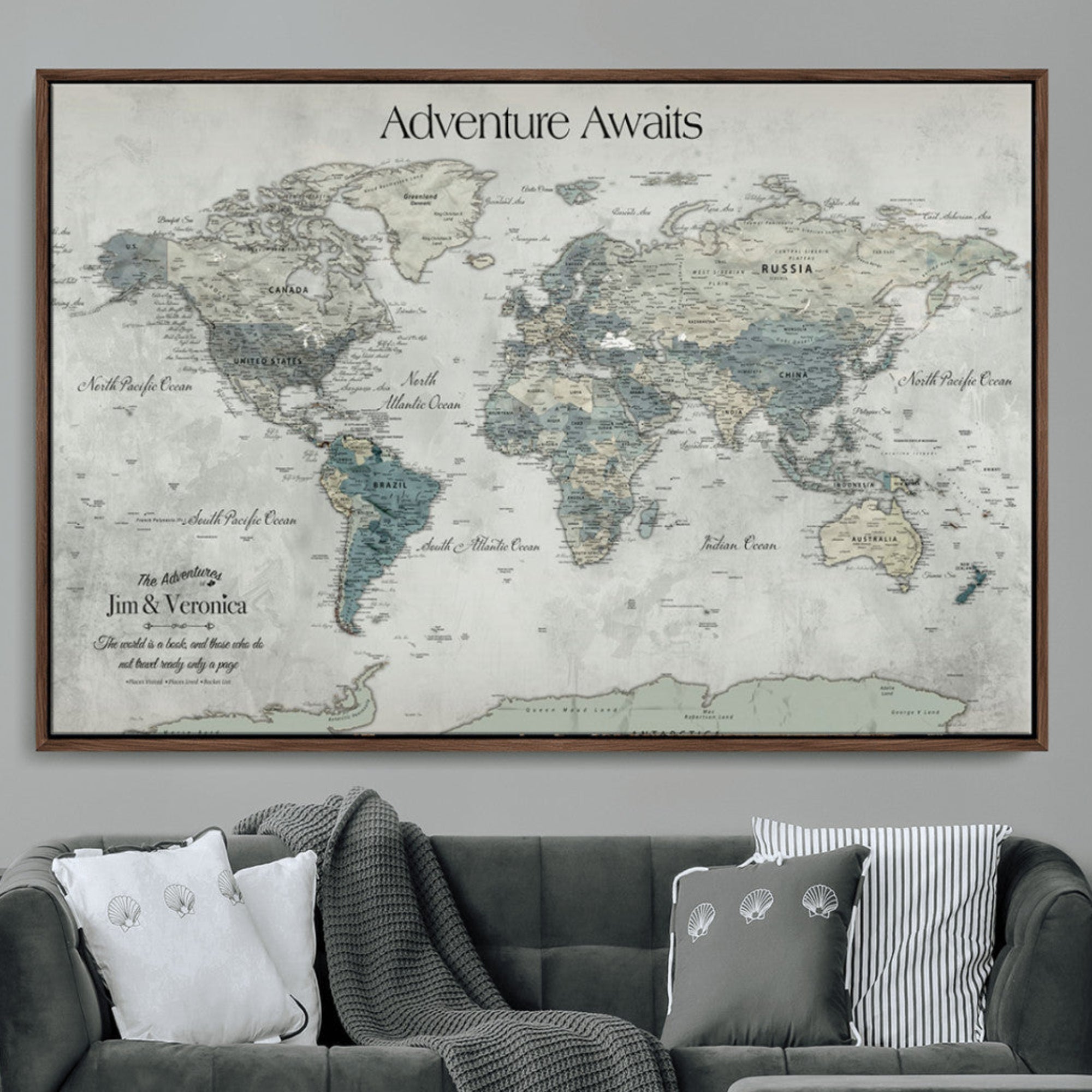 Rehber01-MGV-CV-36X24-Personalized Push Pin World Map Canvas Print – Custom Adventure Travel Map Framed Wall Art Gift for home, office