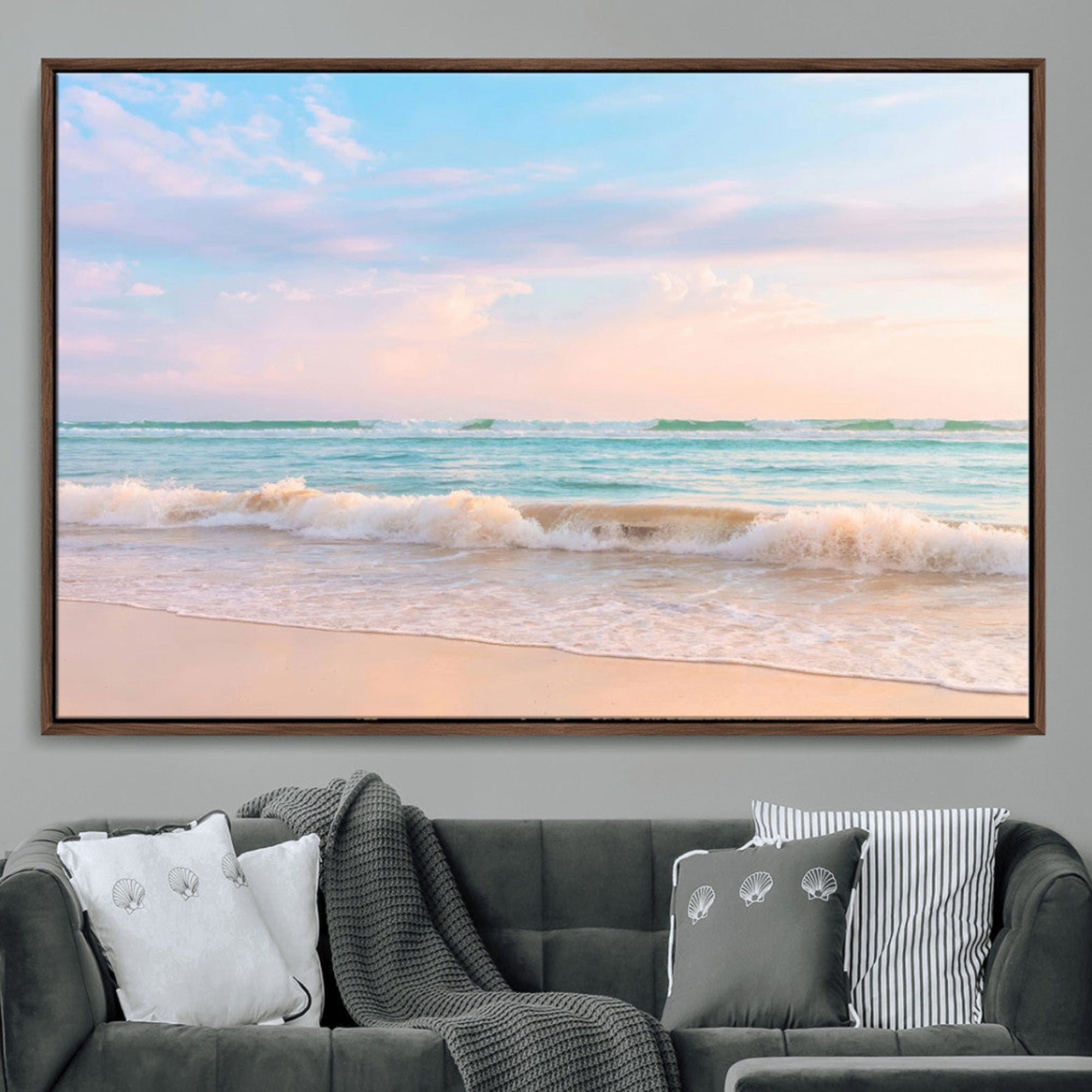 88024944-MGV-CV-36X24-Serene Ocean Waves Wall Art Canvas Print – Pastel Sky Soft Sand Beach Tranquil Seascape Calm Water Decor for Home Office