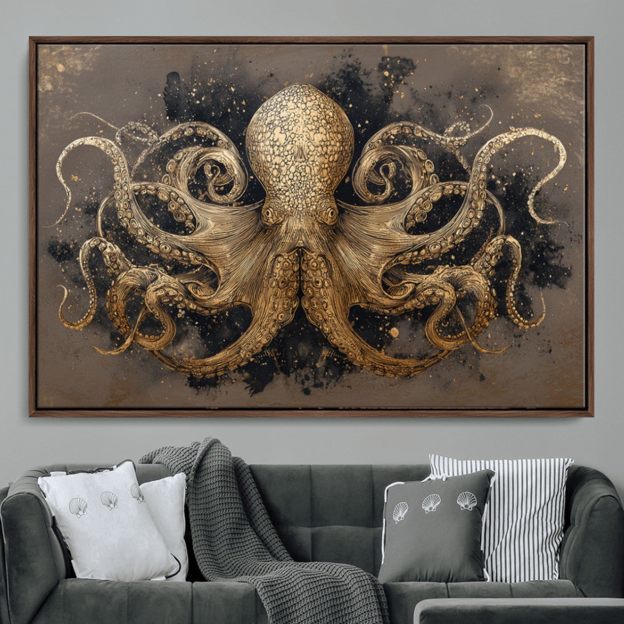 21717515-MGV-CV-36X24-Octopus Wall Art Canvas Print – Black Gold Detailed Tentacles Marine Life Ocean Creature Nautical Artwork for Home Office