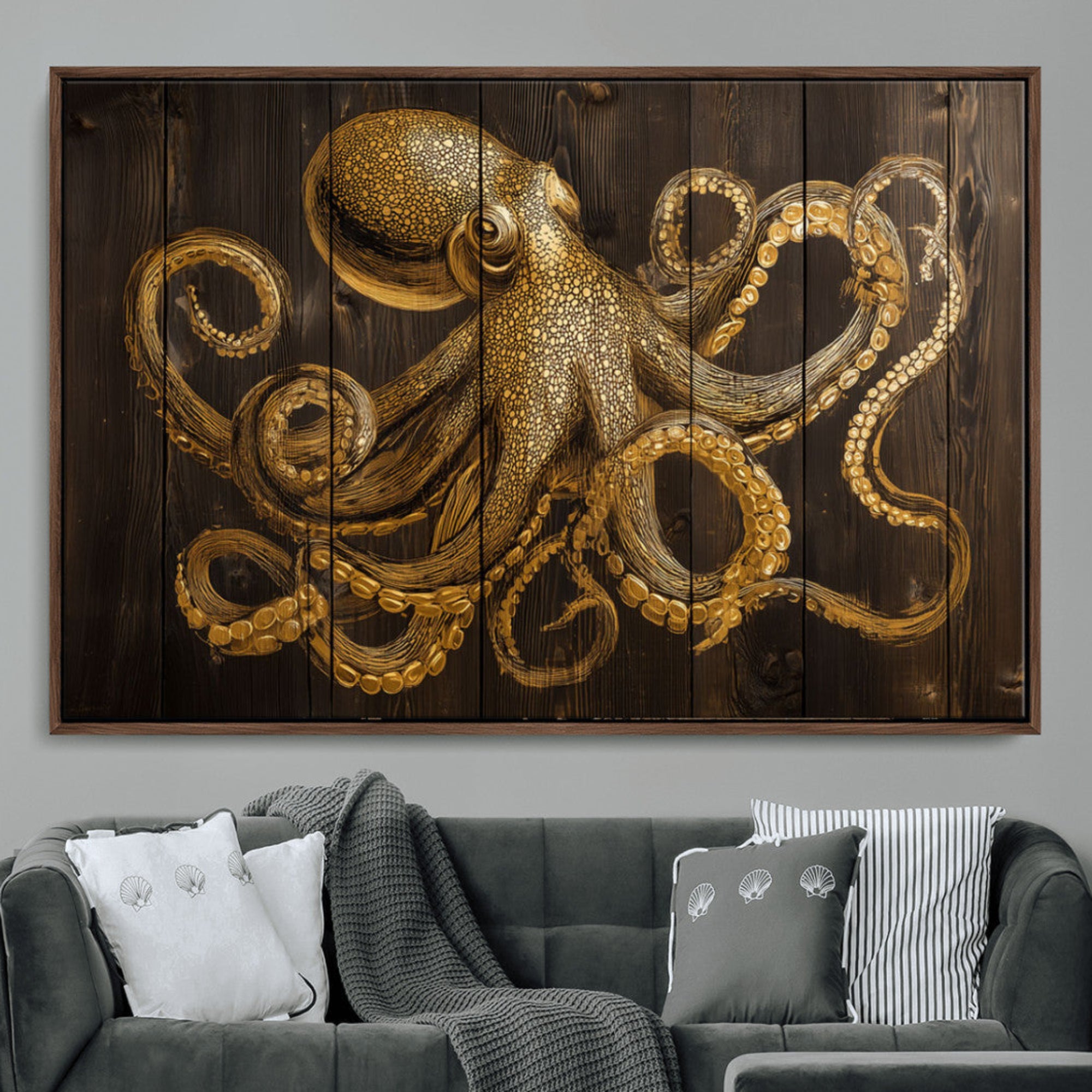 56769669-MGV-CV-36X24-Octopus Wall Art Canvas Print – Wooden Art Sea Creature Marine Life Nautical Tentacles Ocean Artwork for Home Office