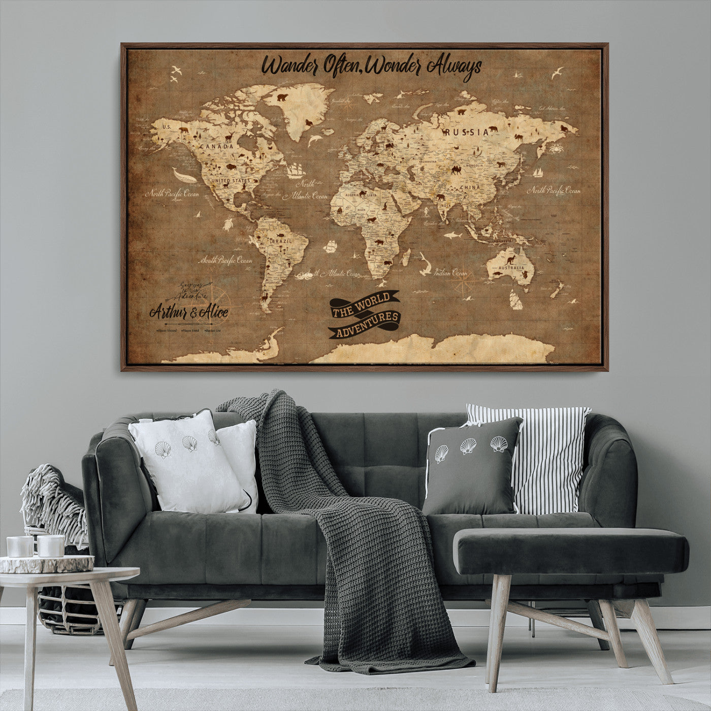 Rehber01-MGV-CV-36X24-Customize Push Pin World Map Wall Art Canvas Print – Personalized Kids Room Framed Map Adventure Travel for home, office