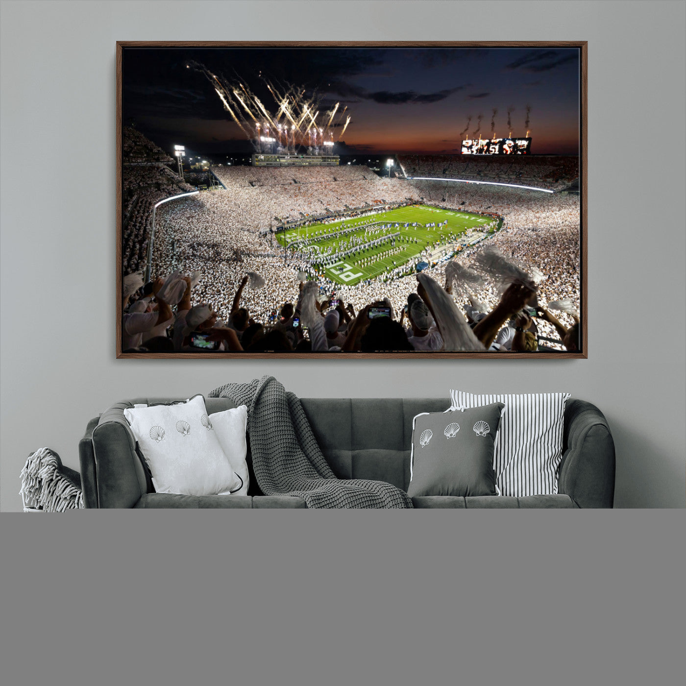 -Penn State Stadium Wall Art Canvas Print – White Out Football Game with Fireworks Framed Sports Stadium Artwork for Game Room