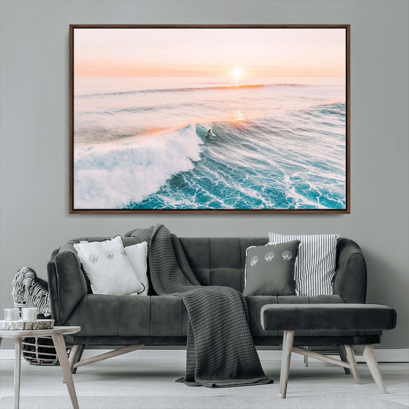 34064591-MGV-CV-36X24-Sunset Surfing Wall Art Canvas Print, Ocean Wave Surfer with Golden Sky Artwork for Home, Office, Living Room