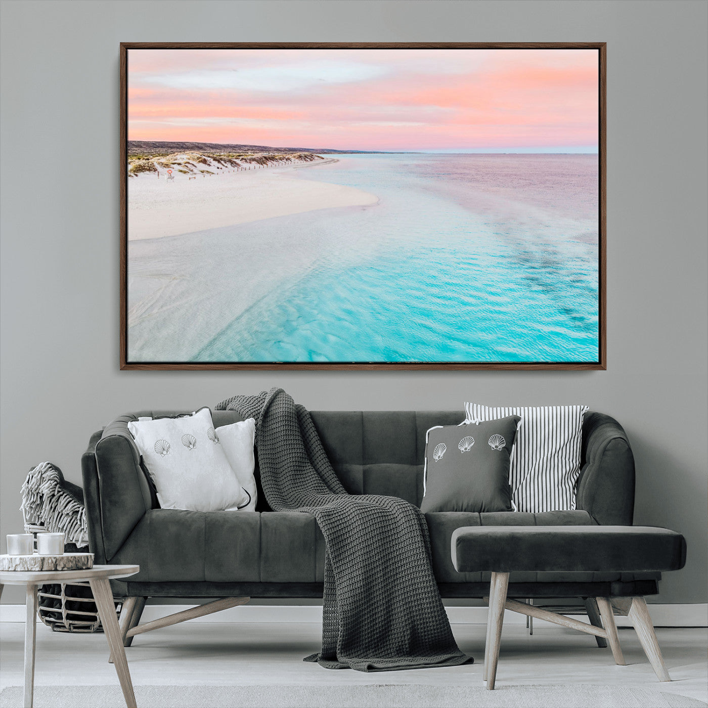 41613614-MGV-CV-36X24-Serene Pastel Beach Wall Art Canvas Print, Tranquil Coastal Sunset with Soft Ocean Hues Artwork for Home, Office