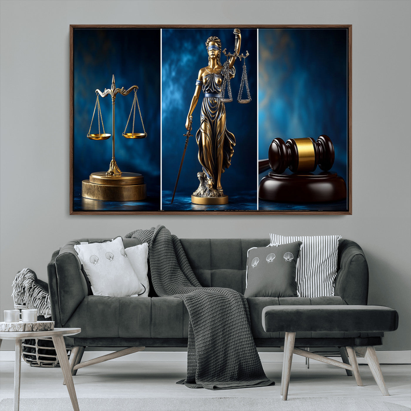 87750525-MGV-CV-36X24-Justice Scales Statue Wall Art, Lady Justice Sculpture Canvas Print, Legal Law Decor, Courtroom