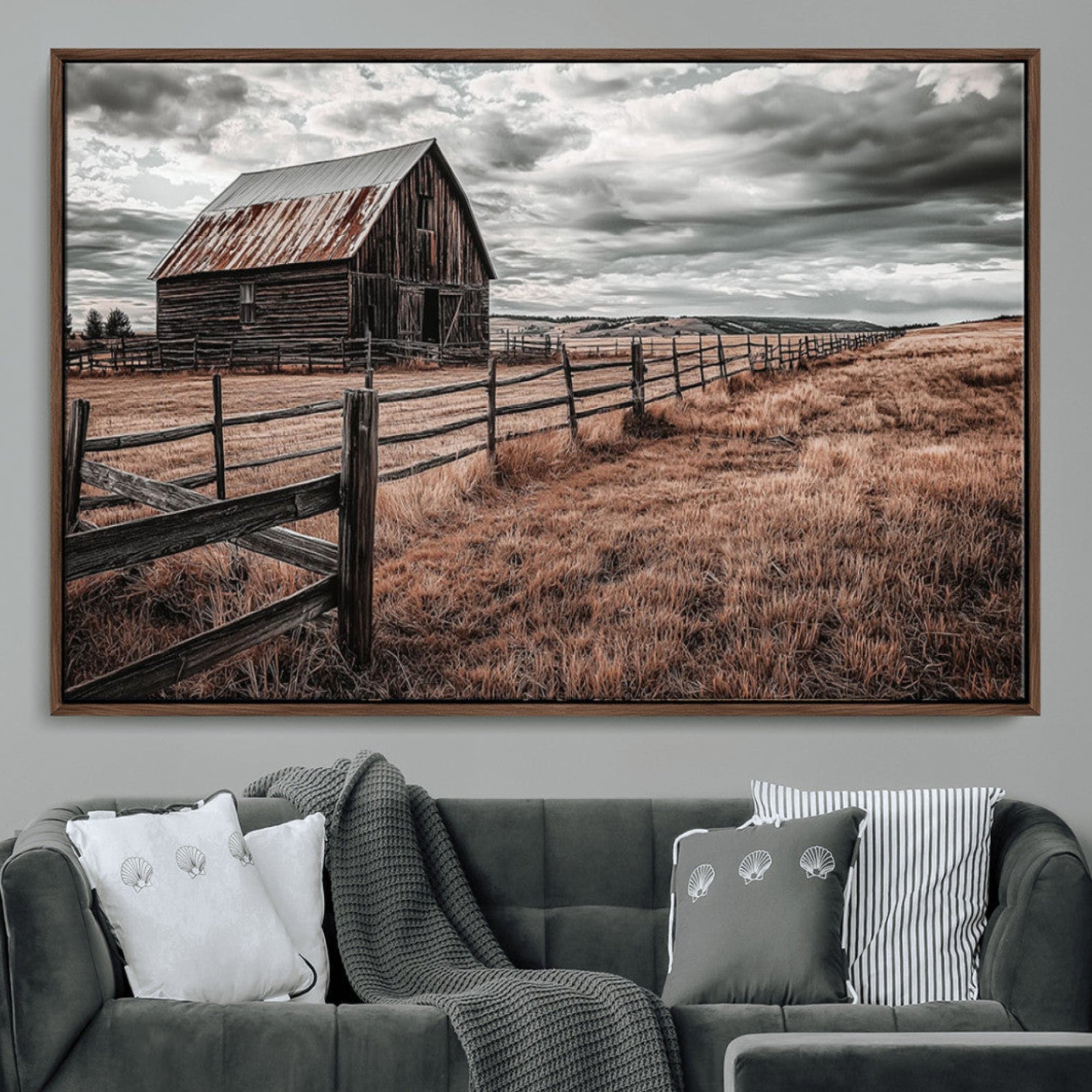 70676381-MGV-CV-36X24-Rustic Weathered Barn Wall Art Canvas Print, Sepia Countryside Landscape Artwork for Home, Office, Living Room