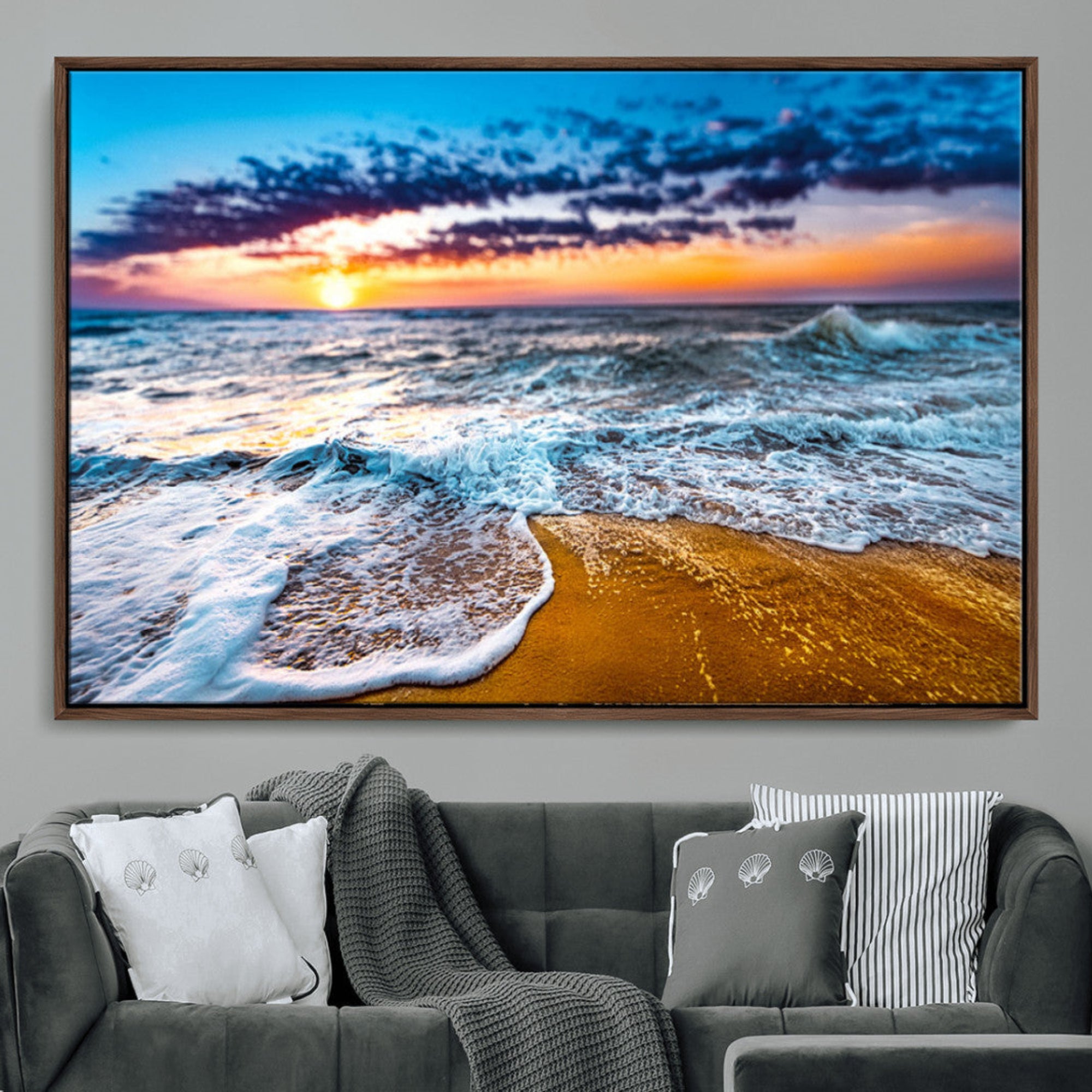 24077769-MGV-CV-36X24-Wall Art Canvas Print Ocean Waves Beach Sunset, Foam Golden Sand, Blue Sky Clouds Vibrant Seascape Artwork for Home, Office