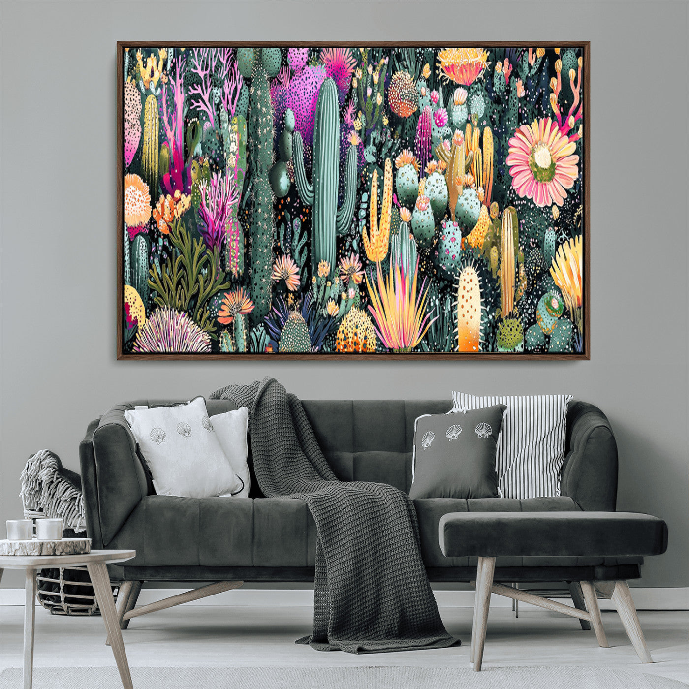 Colorful and detailed painting of various cacti and desert flowers in vibrant hues on a dark background – Wall Art Canvas Print.