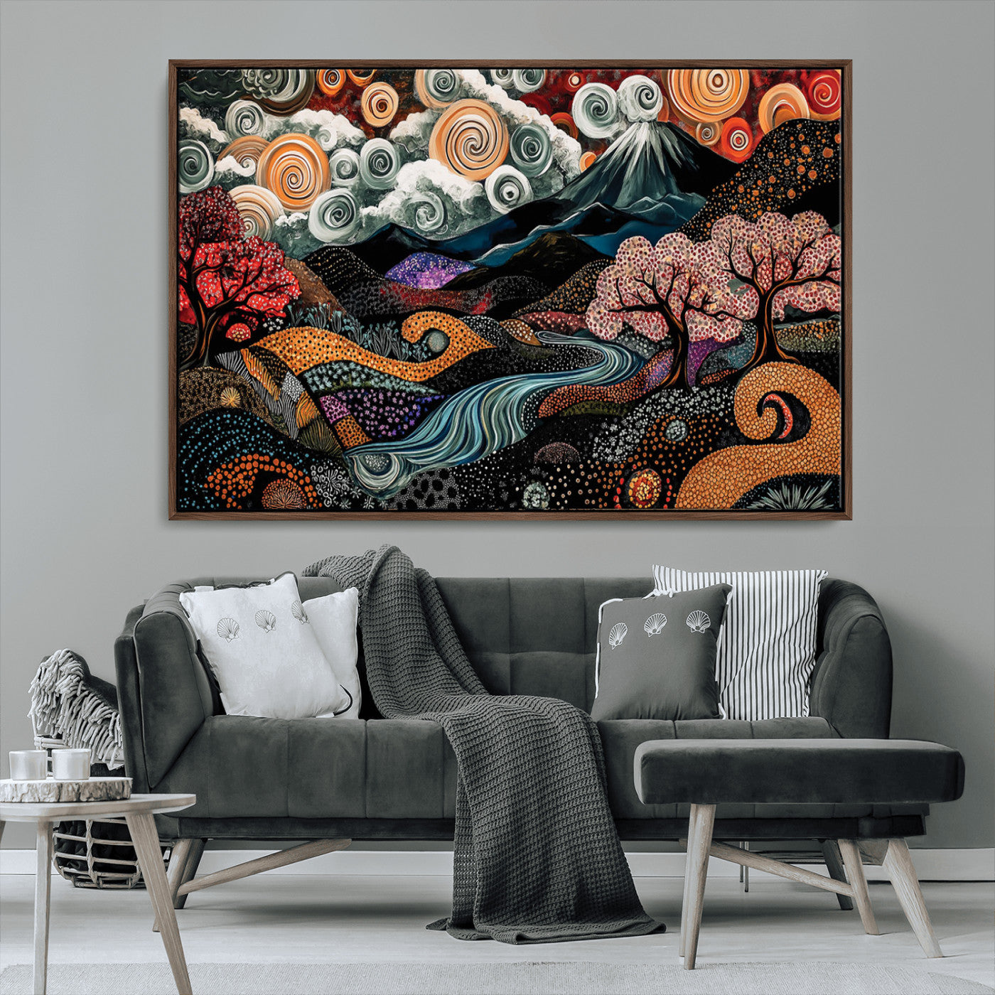 Vibrant abstract landscape painting featuring swirling clouds, colorful trees, flowing river, and textured hills under a mountain – Wall Art Canvas Print.