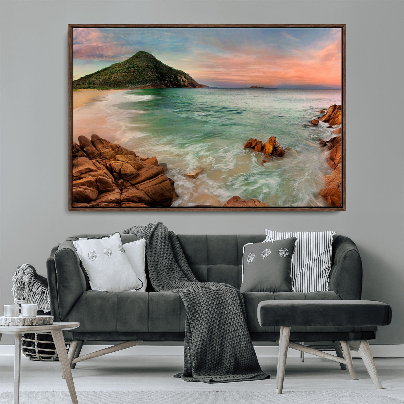 53831025-MGV-CV-36X24-Stunning Coastal Landscape with Rocky Shore and Green Hills at Sunset – Beautiful Ocean View Wall Art Canvas Print for Serene Home Decor.