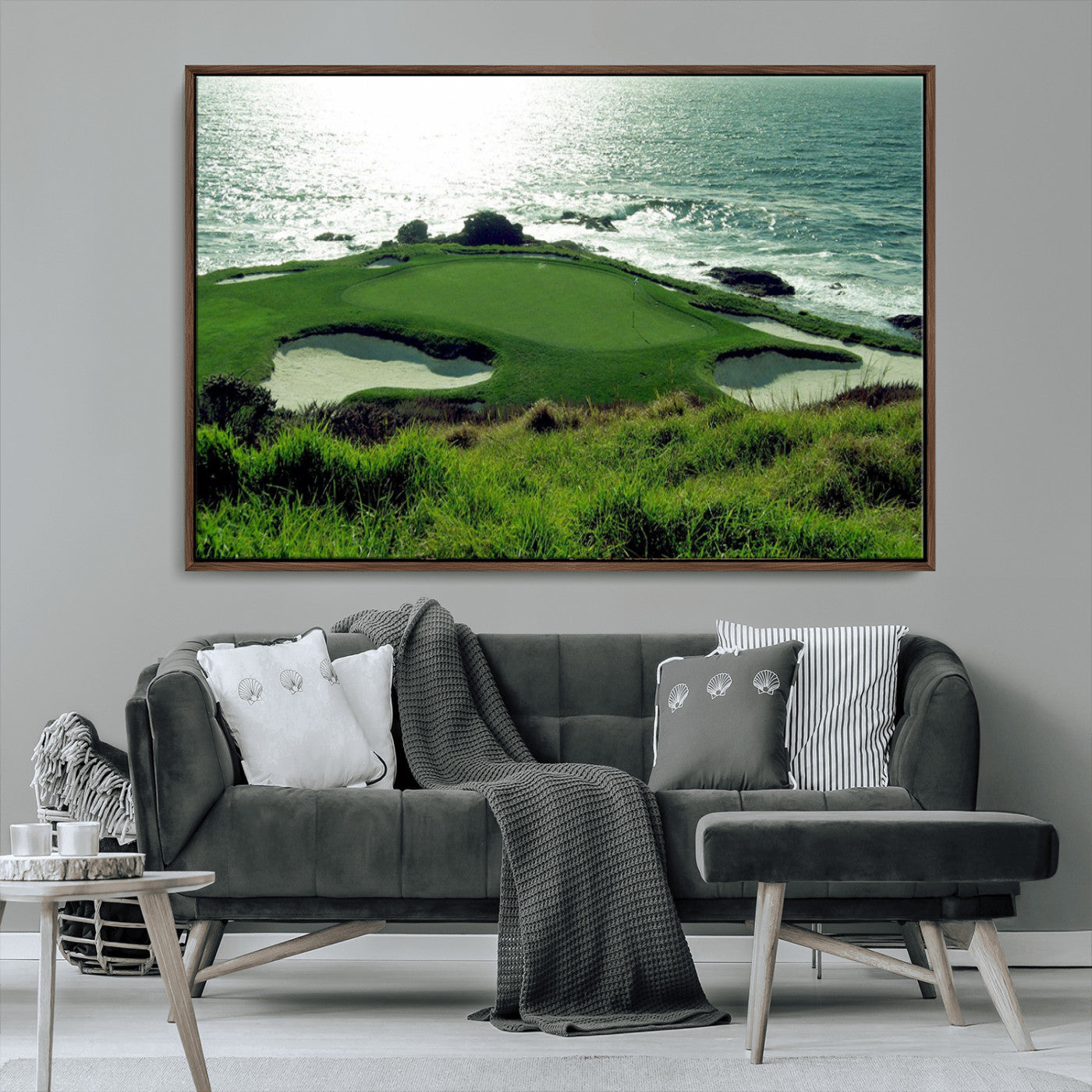 -Coastal Golf Course Wall Art Canvas Print – Scenic Green Surrounded by Sand Bunkers and Ocean Waves Artwork for Home, Office