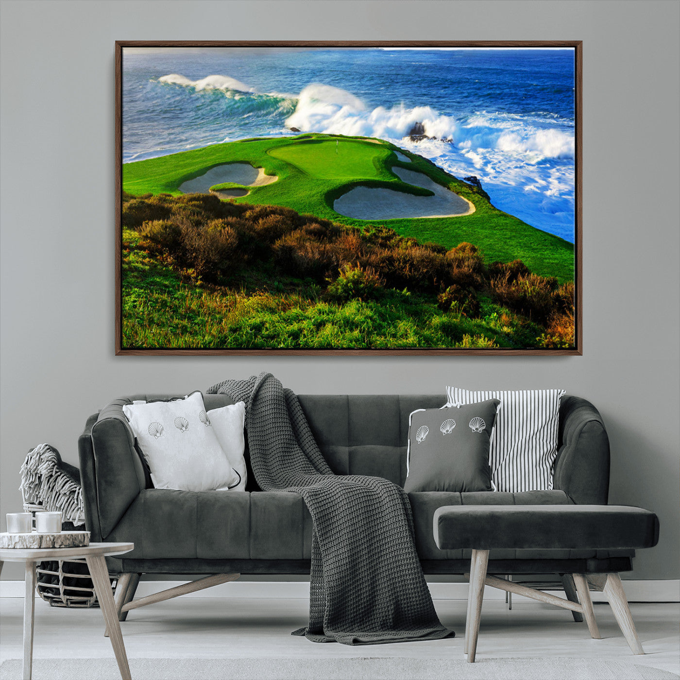34181847-MGV-CV-36X24-Coastal Golf Course Wall Art Canvas Print – Vibrant Green with Sand Bunkers Overlooking Ocean Waves Artwork for Home, Office