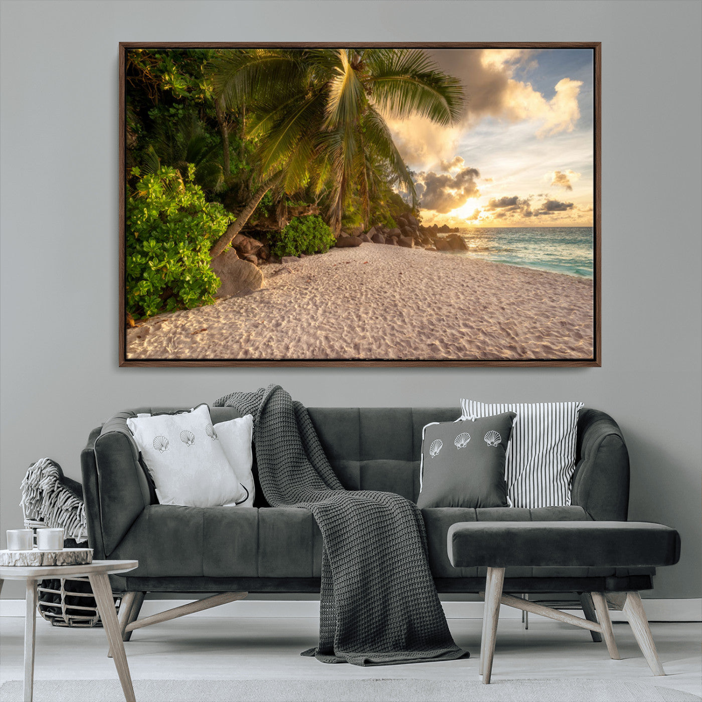 MGV-FC-36X24 - Tropical beach sunset, palm trees, white sand, ocean waves, golden sky, serene landscape, nature