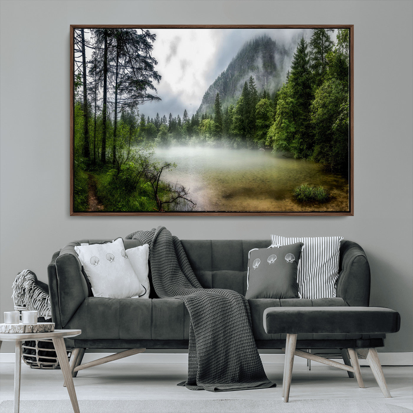 93123937-MGV-CV-36X24-Misty Lake Forest Green Trees Calm Water Reflection Mountain Fog Nature Landscape Outdoor Scenic Beauty Wall Art Canvas Print