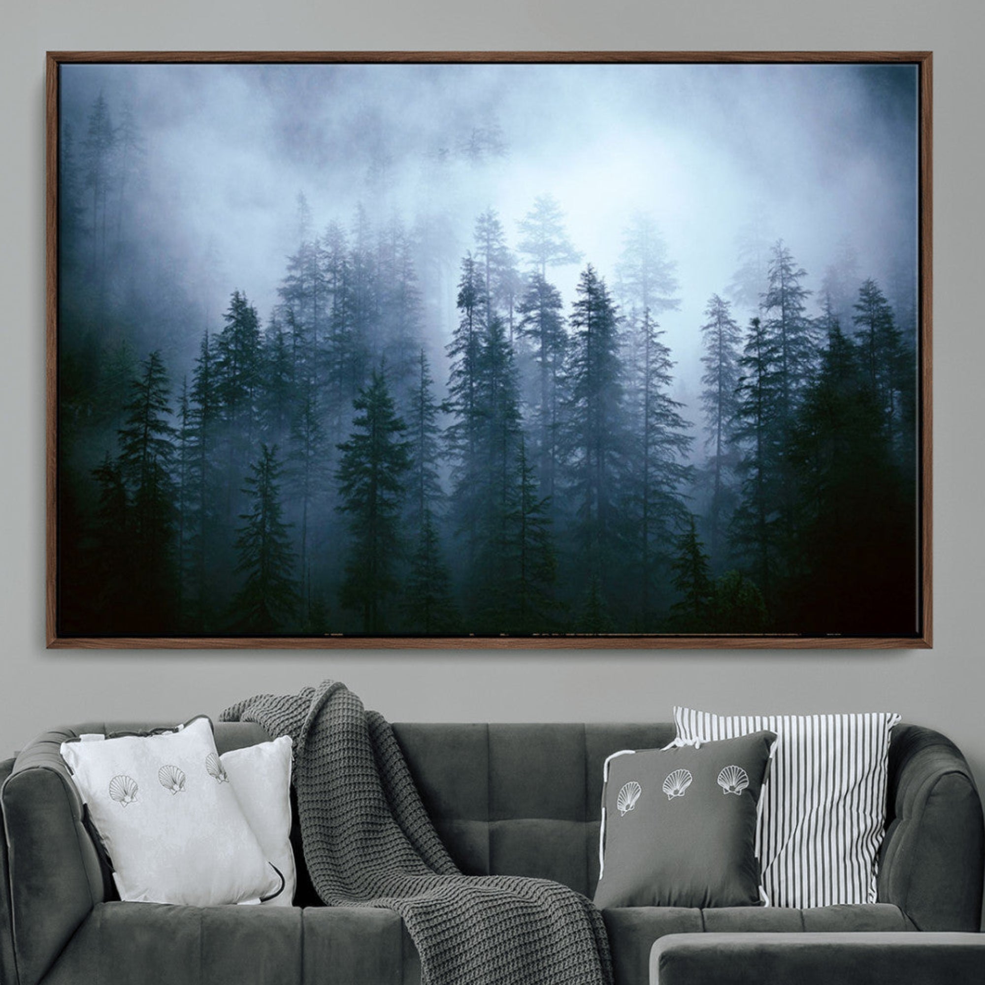 93439624-MGV-CV-36X24-Foggy Evergreen Pines Mist Forest Blue Haze Moody Atmospheric Wilderness Nature Trees Scenic
