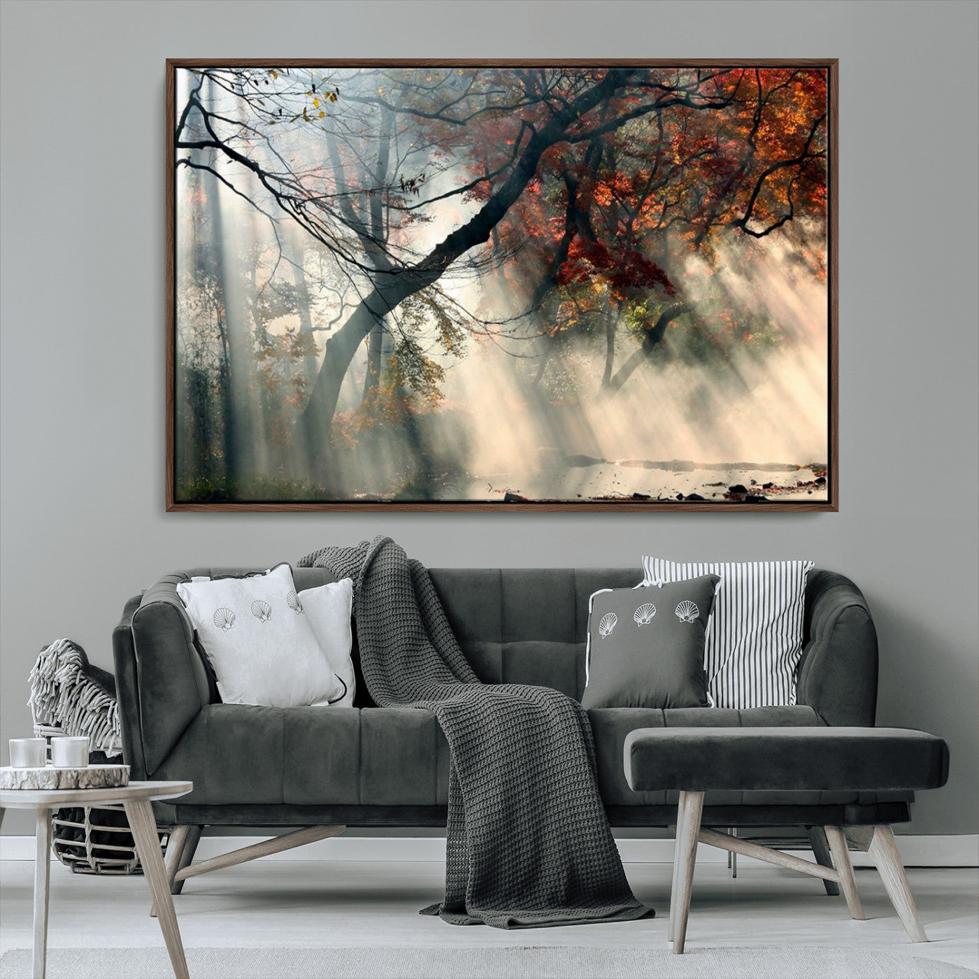 36043878-MGV-CV-36X24-Sunlit Autumn Forest Wall Art Canvas Print – Framed Mist Trees Scene with Peaceful Rays Artwork for Home, Office