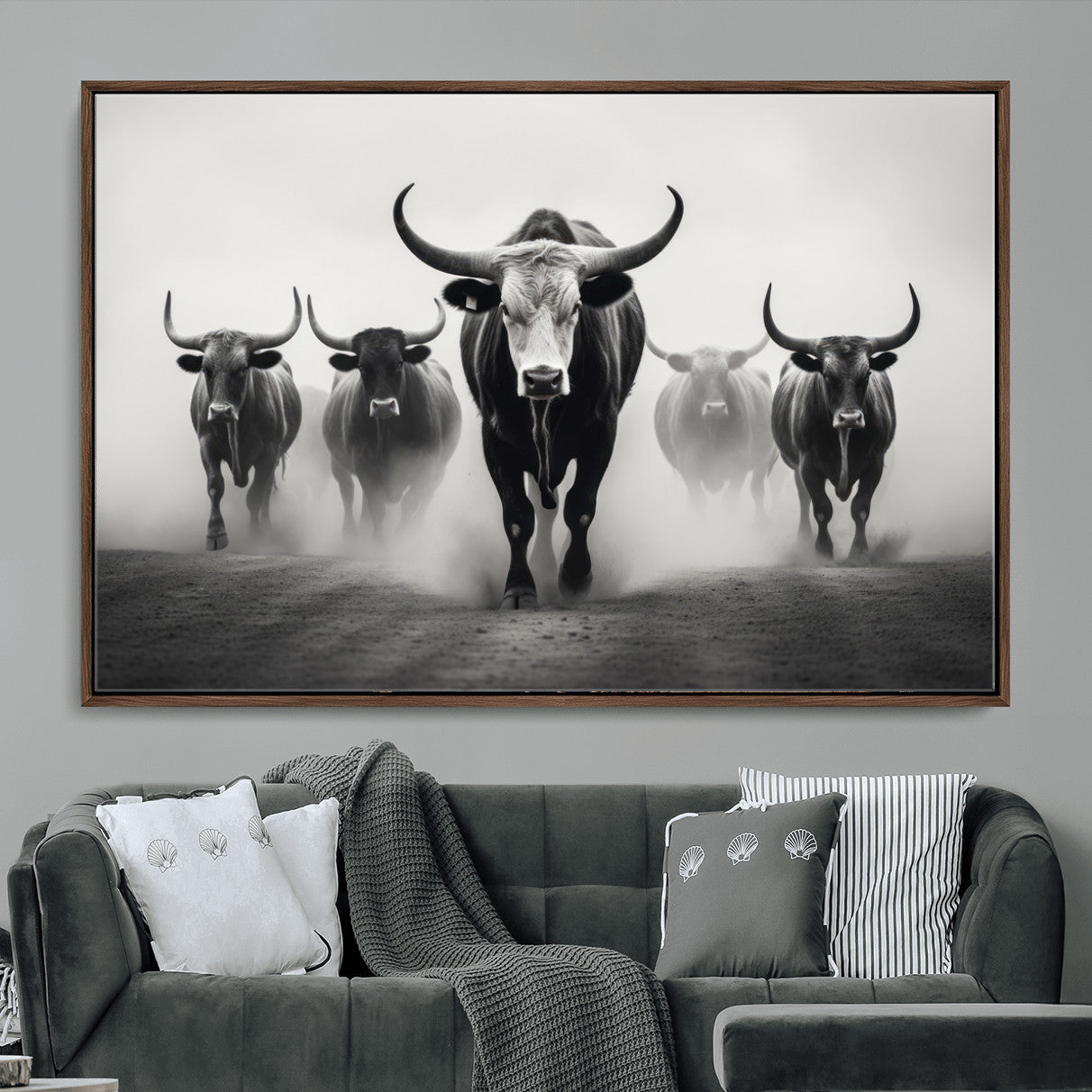 N34534C-MGV-FC-36X24 - Texas Bighorn Cow Hern Wall Art Canvas Print, Longhorn Cow Large Wall Art