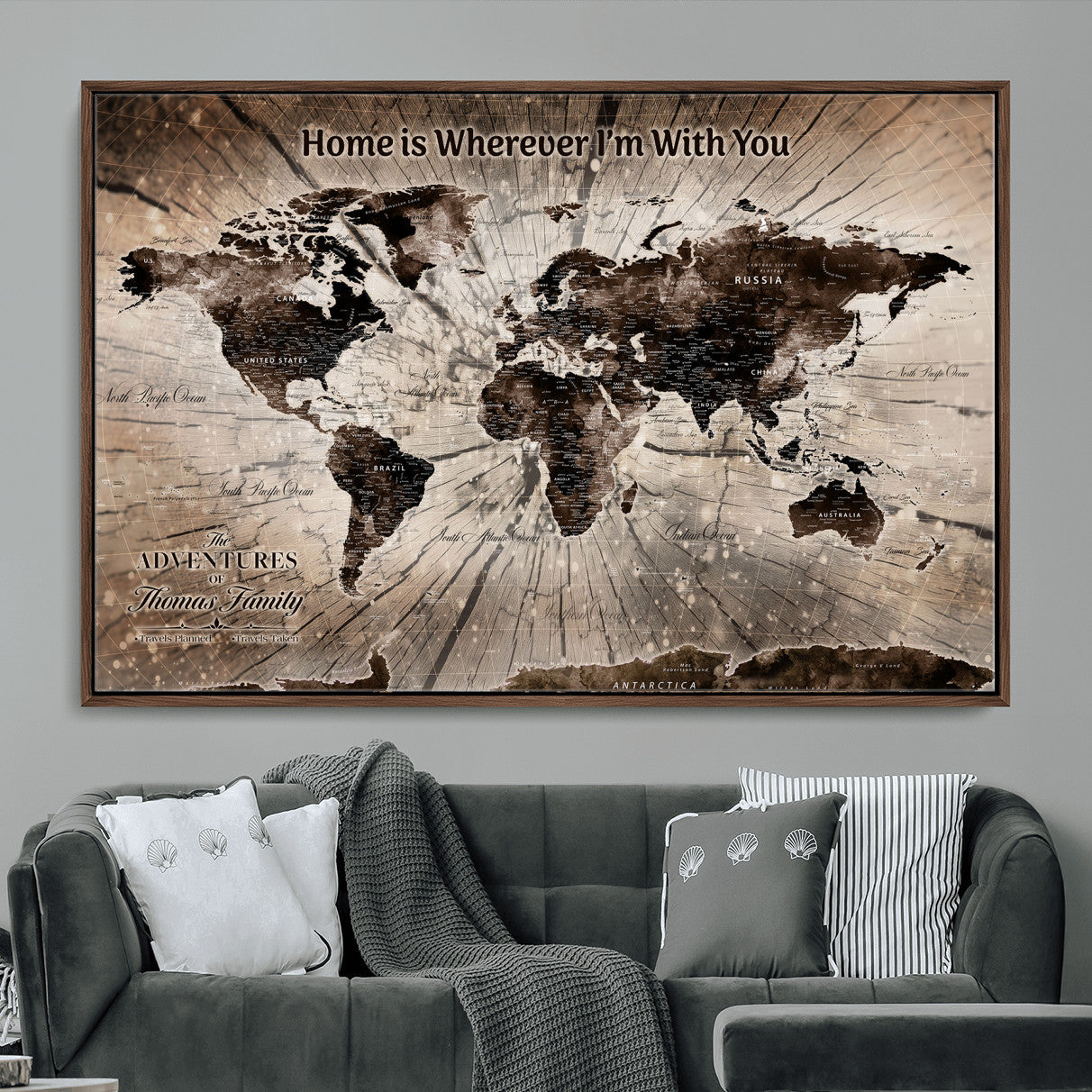72371980-MGV-FC-36X24 - Personalized World Map Wall Art – Customizable Push Pin Framed Canvas Print Unique Travel Decor for Home, Office