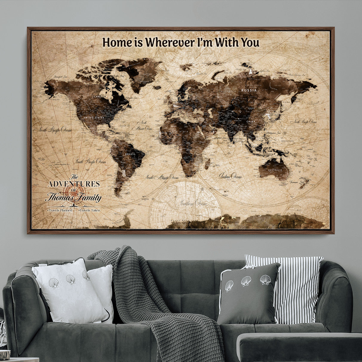 31398786-MGV-FC-36X24 - Personalized World Map Wall Art – Custom Framed Push Pin Travel Tracker Canvas Print Unique Gift for Home, Office
