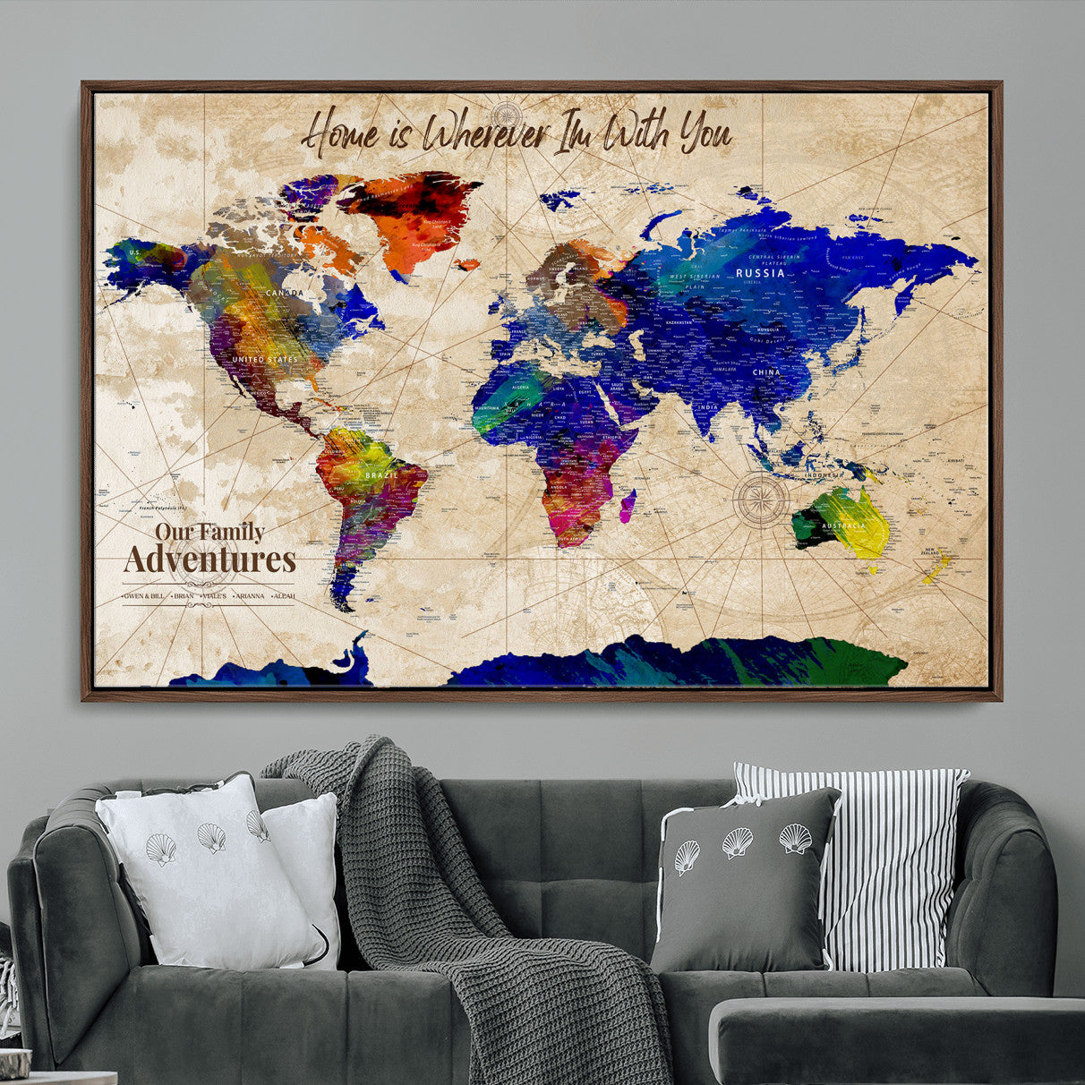 42795268-MGV-FC-36X24 - Personalized Push Pin World Map Canvas Print – Custom Adventure Travel Map, Framed Wall Art Gift for Couples or Family