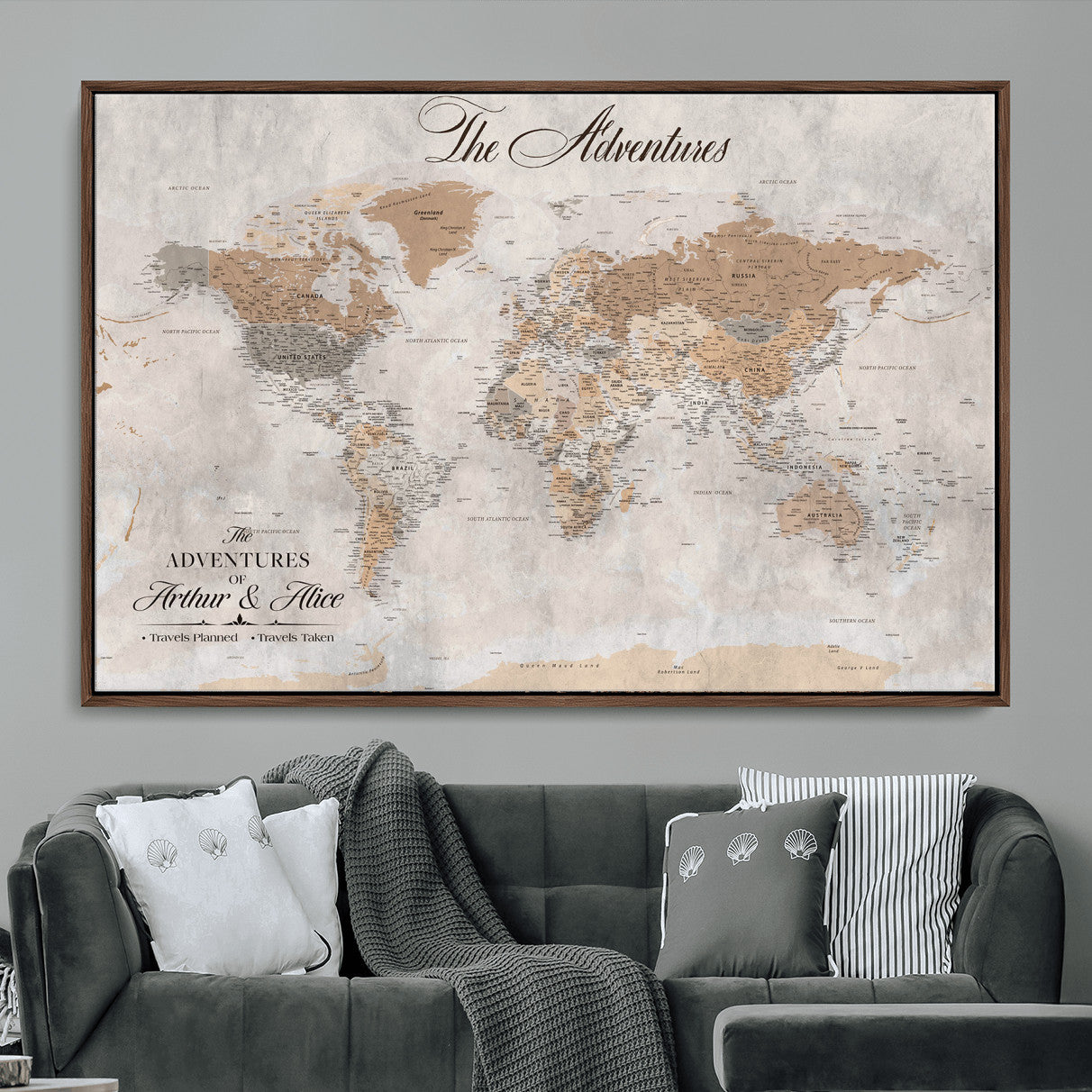 91774967-MGV-FC-36X24 - Personalized Push Pin World Map Canvas Print – Custom Framed Travel Tracker Artwork for Couples or Home Decor