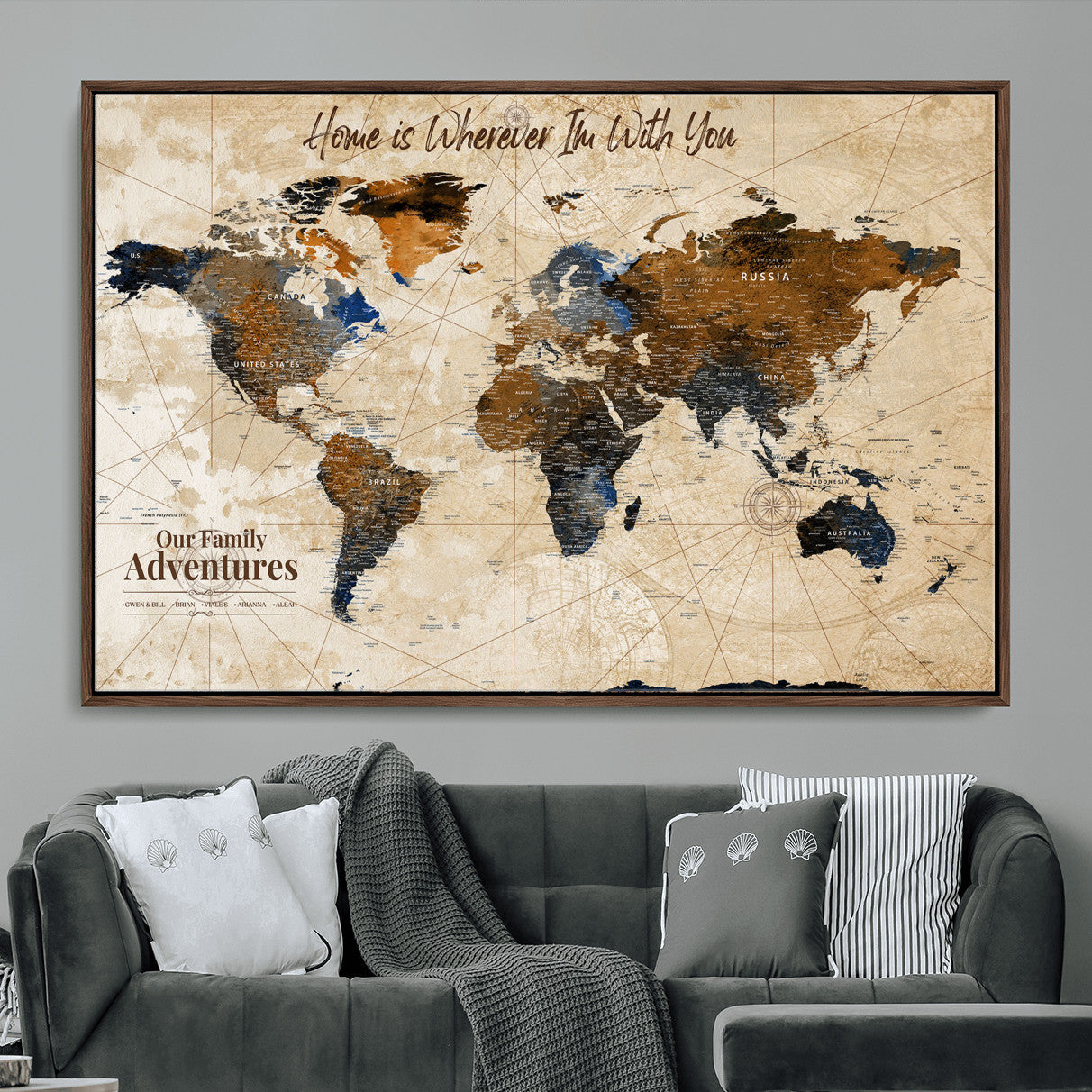 37709027-MGV-FC-36X24 - Customized Push Pin World Map Wall Art Canvas Print with Pins, Vintage Personalized Travel Tracker Map, Framed World Map for Living Room, Office and Home Decor