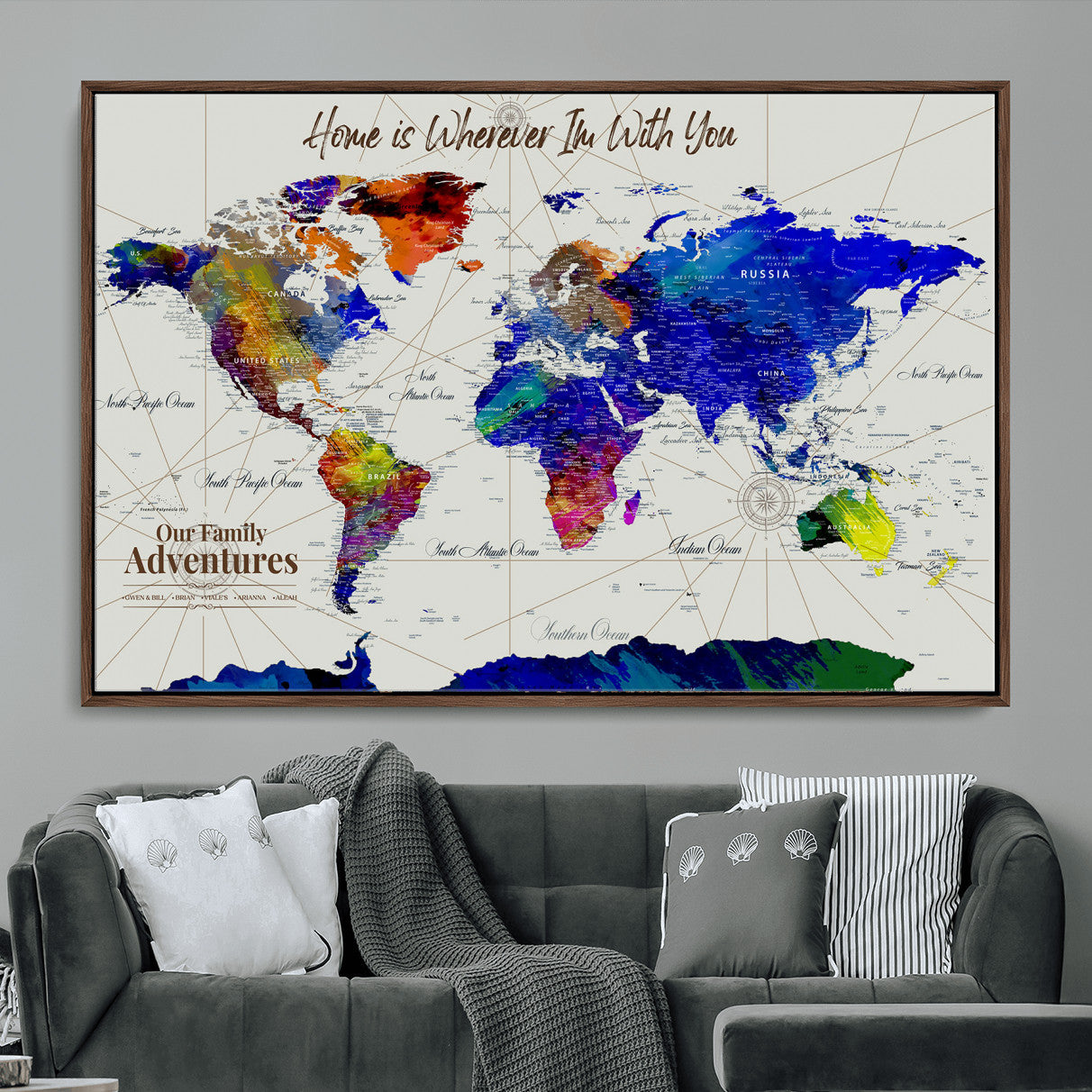 74686301-MGV-FC-36X24 - Customized Push Pin World Map Wall Art Canvas Print with Pins, Personalized Travel Tracker Map, Framed World Map for Living Room, Office and Home Decor