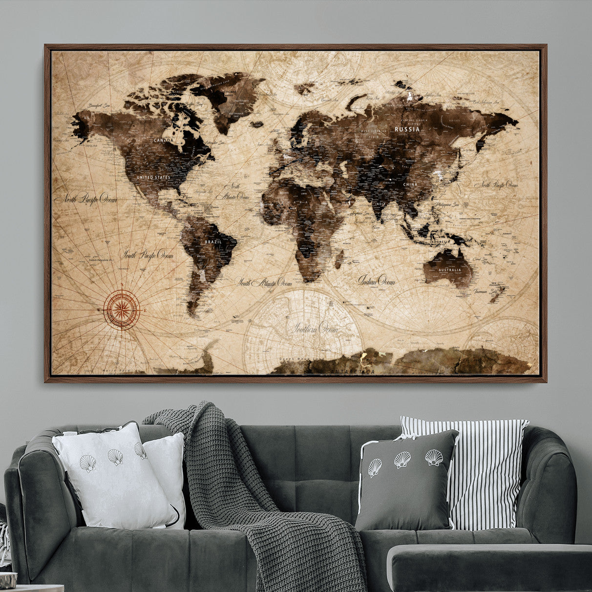97114757-MGV-FC-36X24 - Vintage World Map Wall Art Canvas Print, Modern Decorative Framed Map Artwork Prints for Living Room, Office, Bedroom Wall Decor