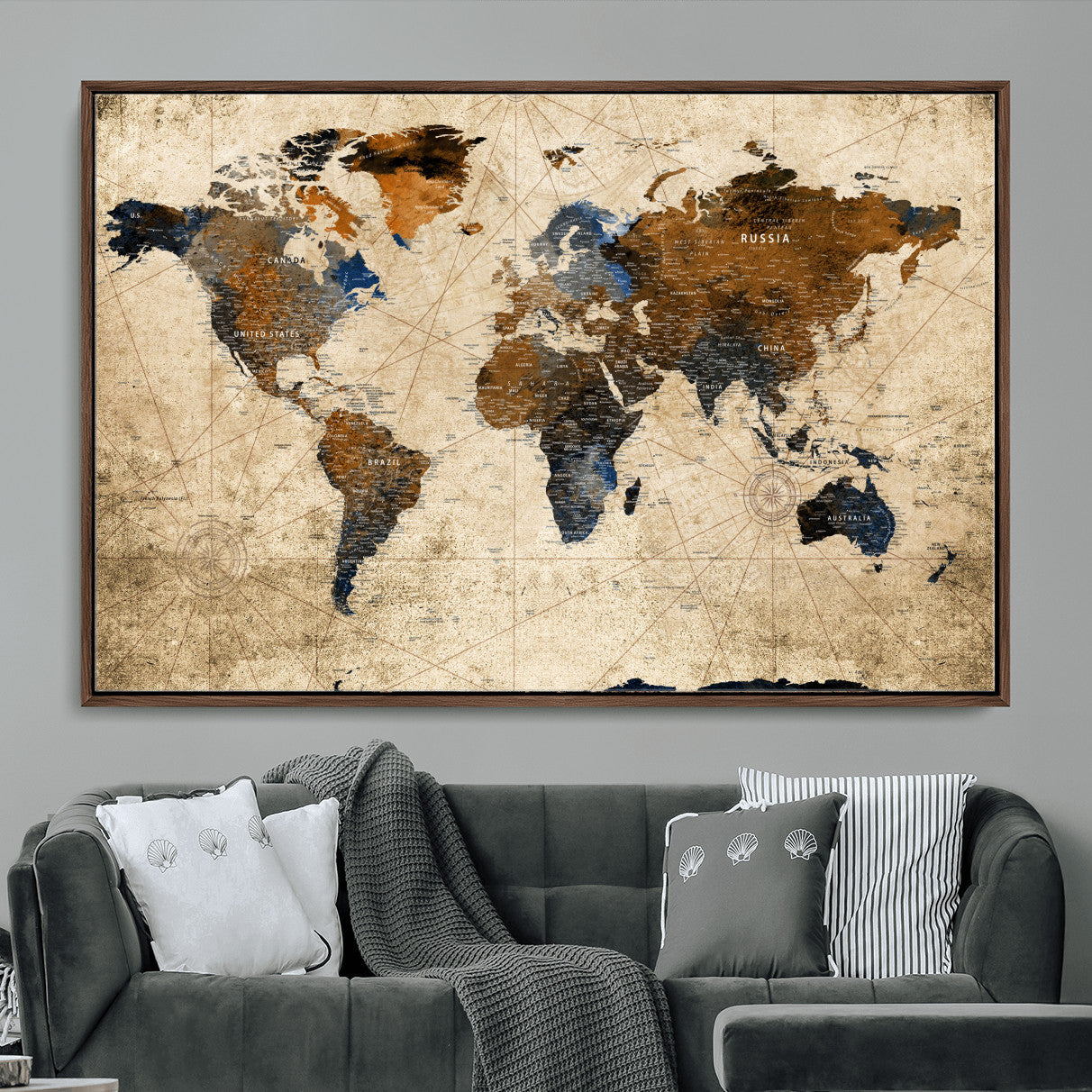 56297284-MGV-FC-36X24 - World Map Wall Art Canvas Print, Modern Decorative Framed Map Artwork Prints for Living Room, Office, Bedroom Wall Decor