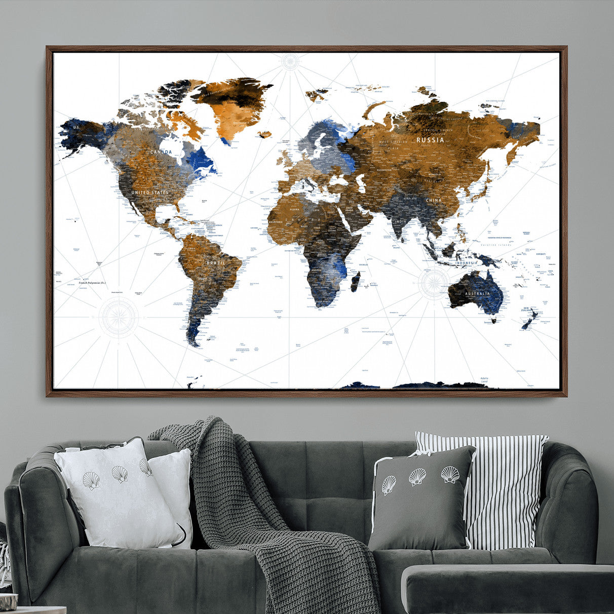 40862517-MGV-FC-36X24 - World Map Wall Art Canvas Print, Modern Decorative Framed Map Artwork Prints for Living Room, Office, Bedroom Wall Decor