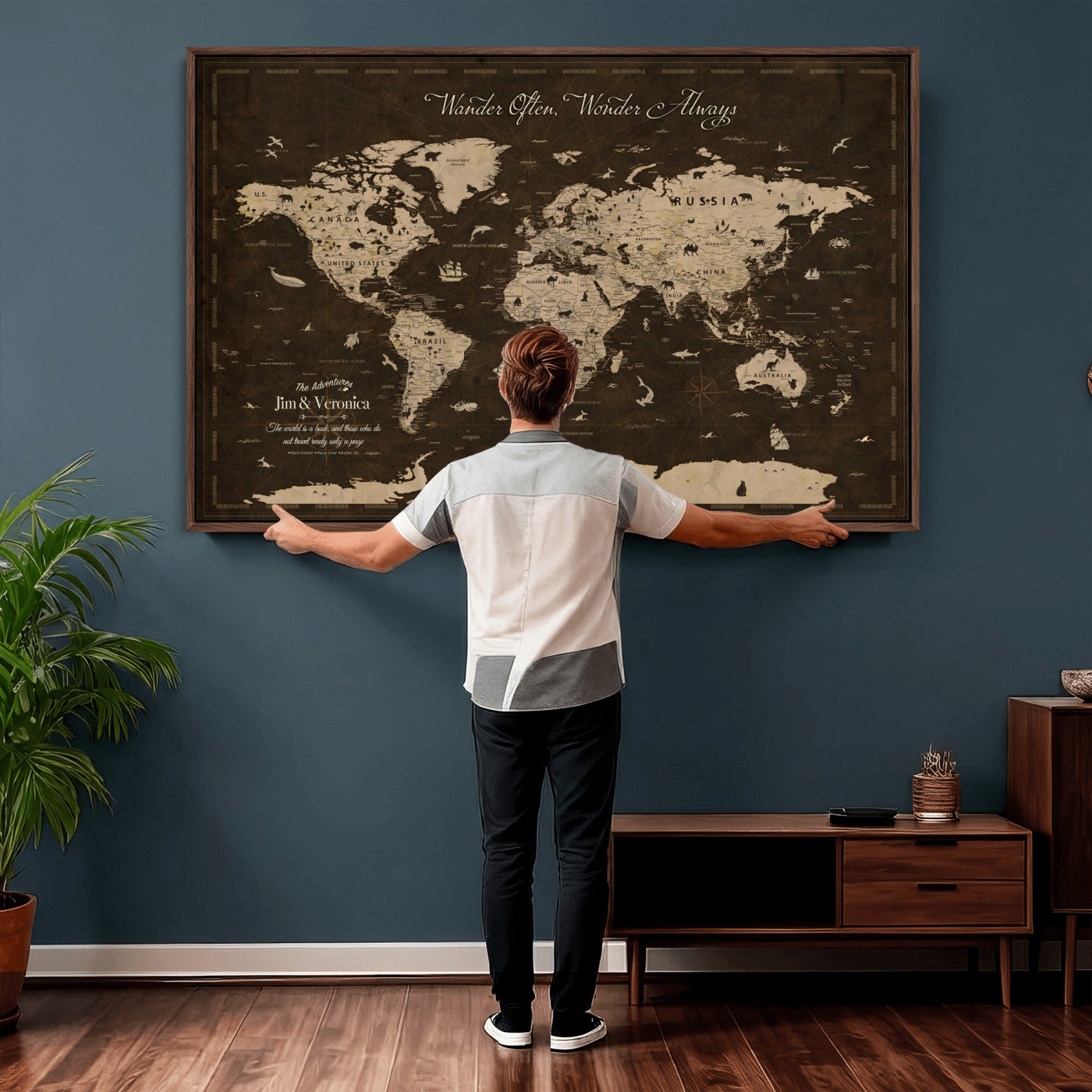 85776859-MGV-FC-36X24 - Personalize Push Pin World Map Wall Art Canvas Print with Pins, Framed Personalize Travel Tracker Map, World Map for Living Room and Office Decor