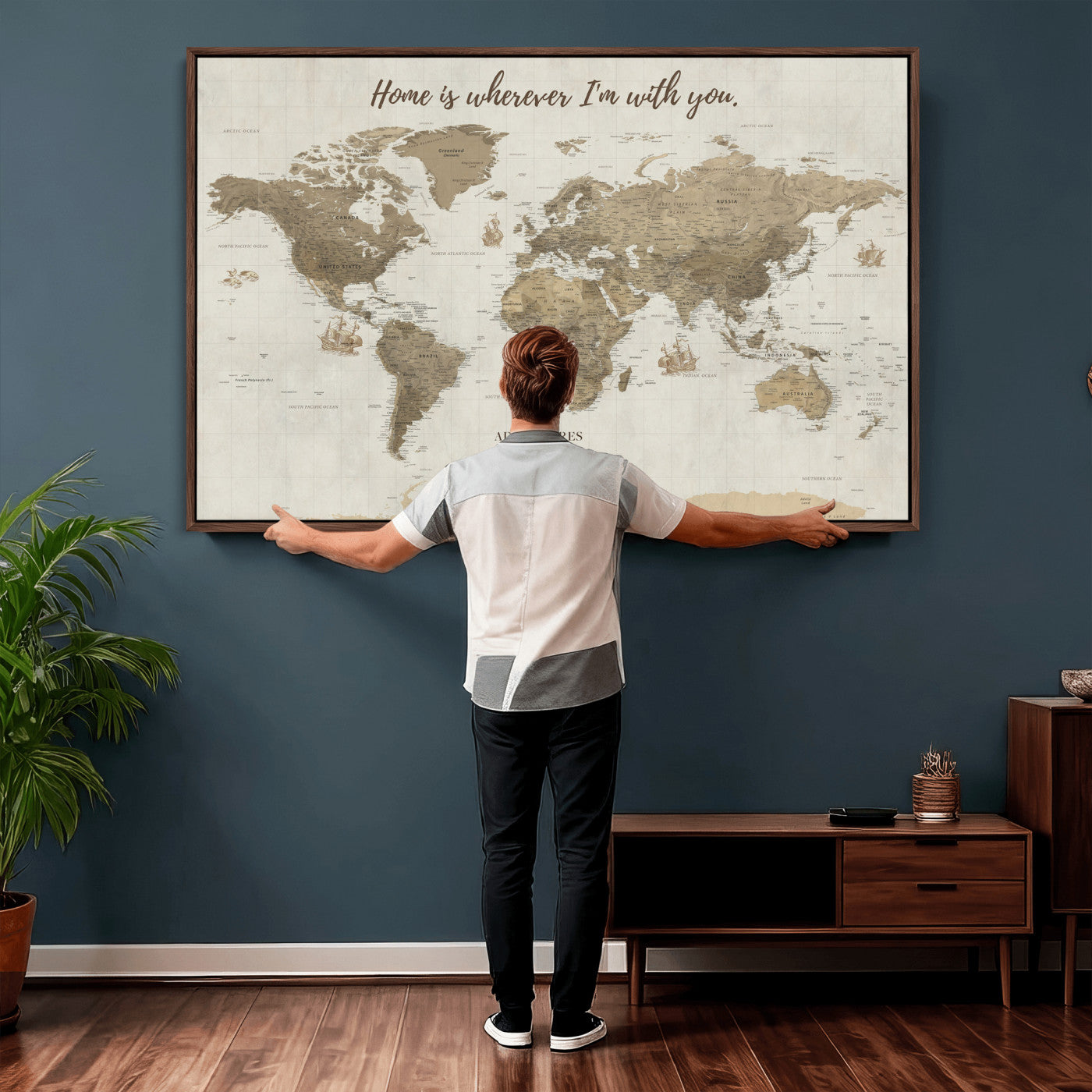61351027-MGV-CV-36X24 - Custom Push Pin World Map Wall Art Canvas Print – Personalized Travel Tracker with Pins Framed Large for Home and Office Decor