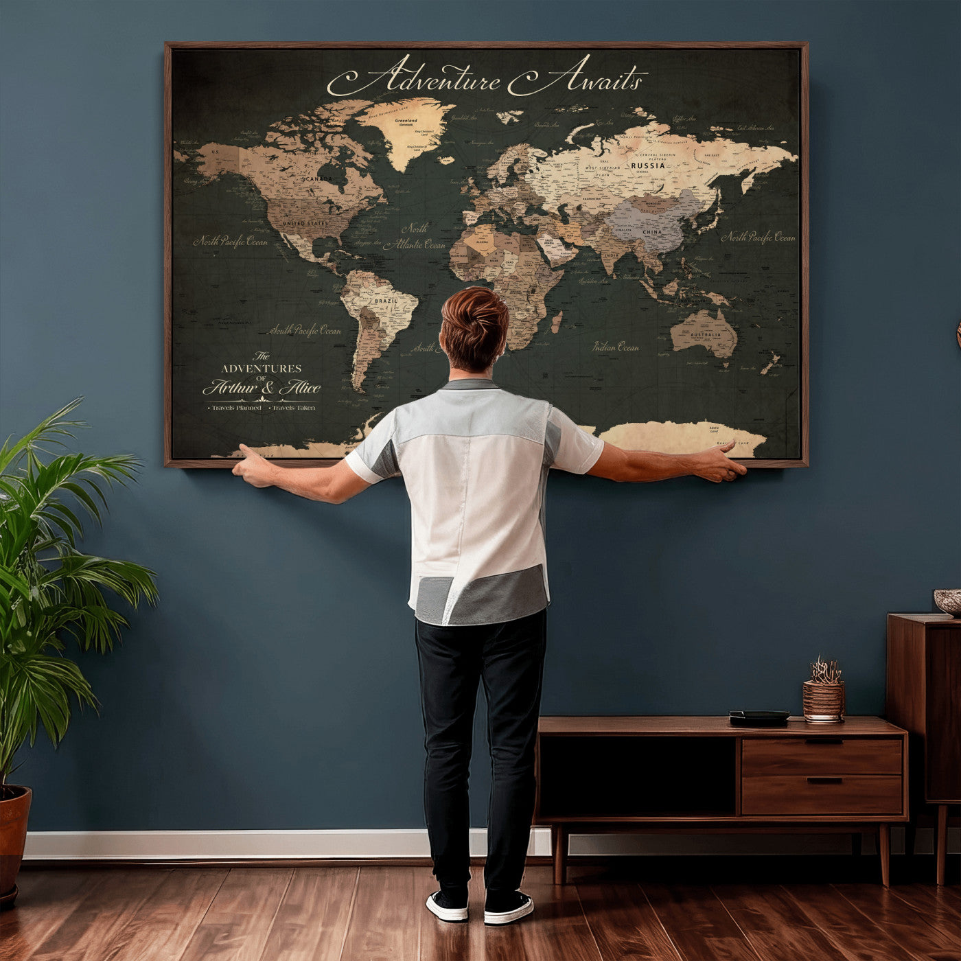 74987709-MGV-CV-36X24 - Custom Push Pin World Map Wall Art Canvas Print – Personalized Travel Tracker with Pins Framed Large for Home and Office Decor